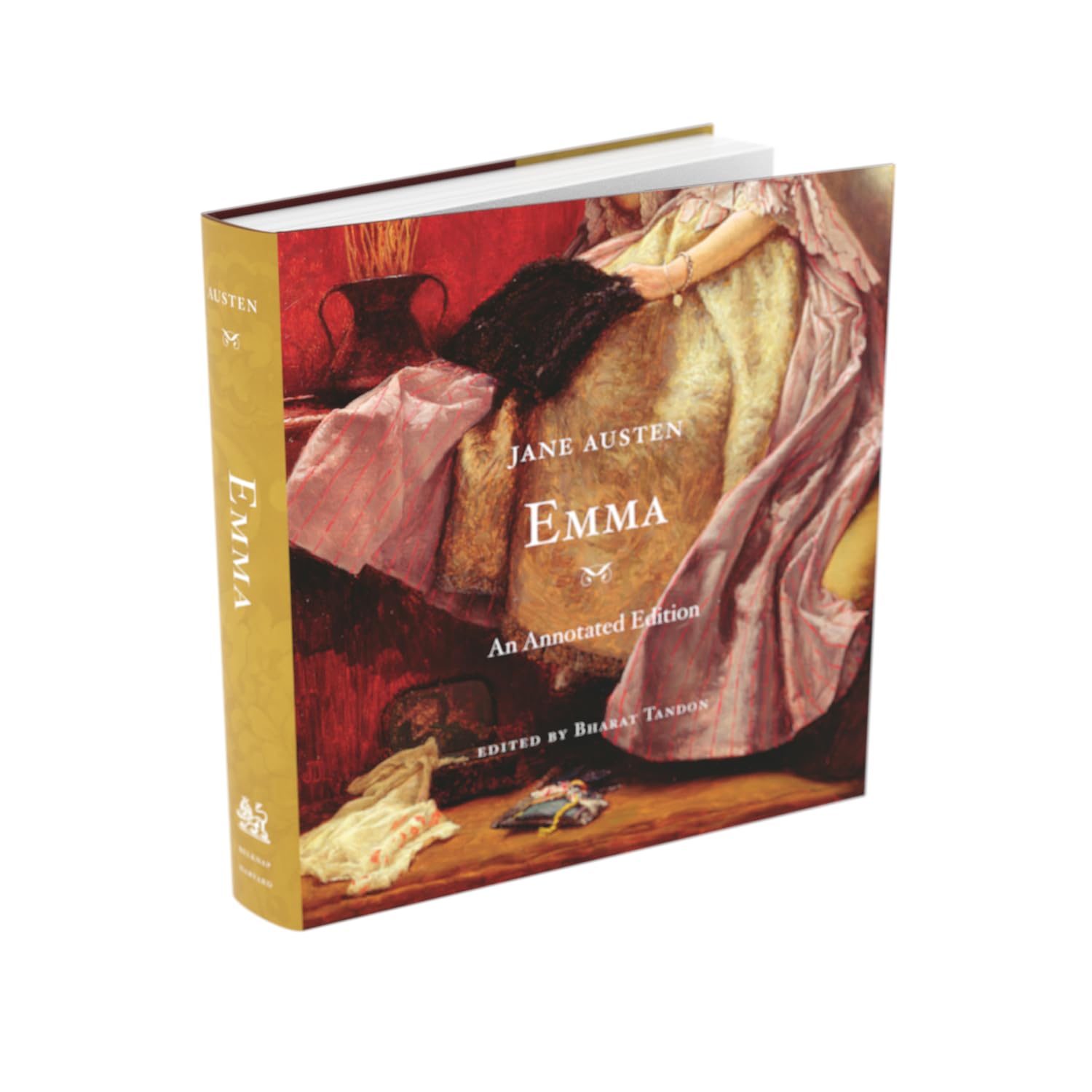 Book titled 'Emma' by Jane Austen with a yellow spine on a white background