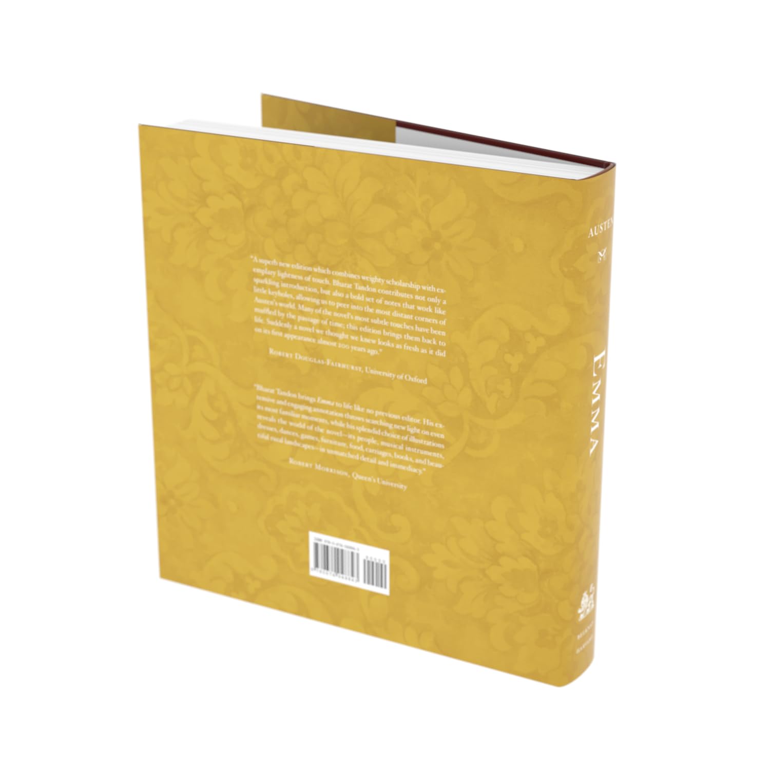 Book titled 'Emma' by Jane Austen with a yellow spine on a white background