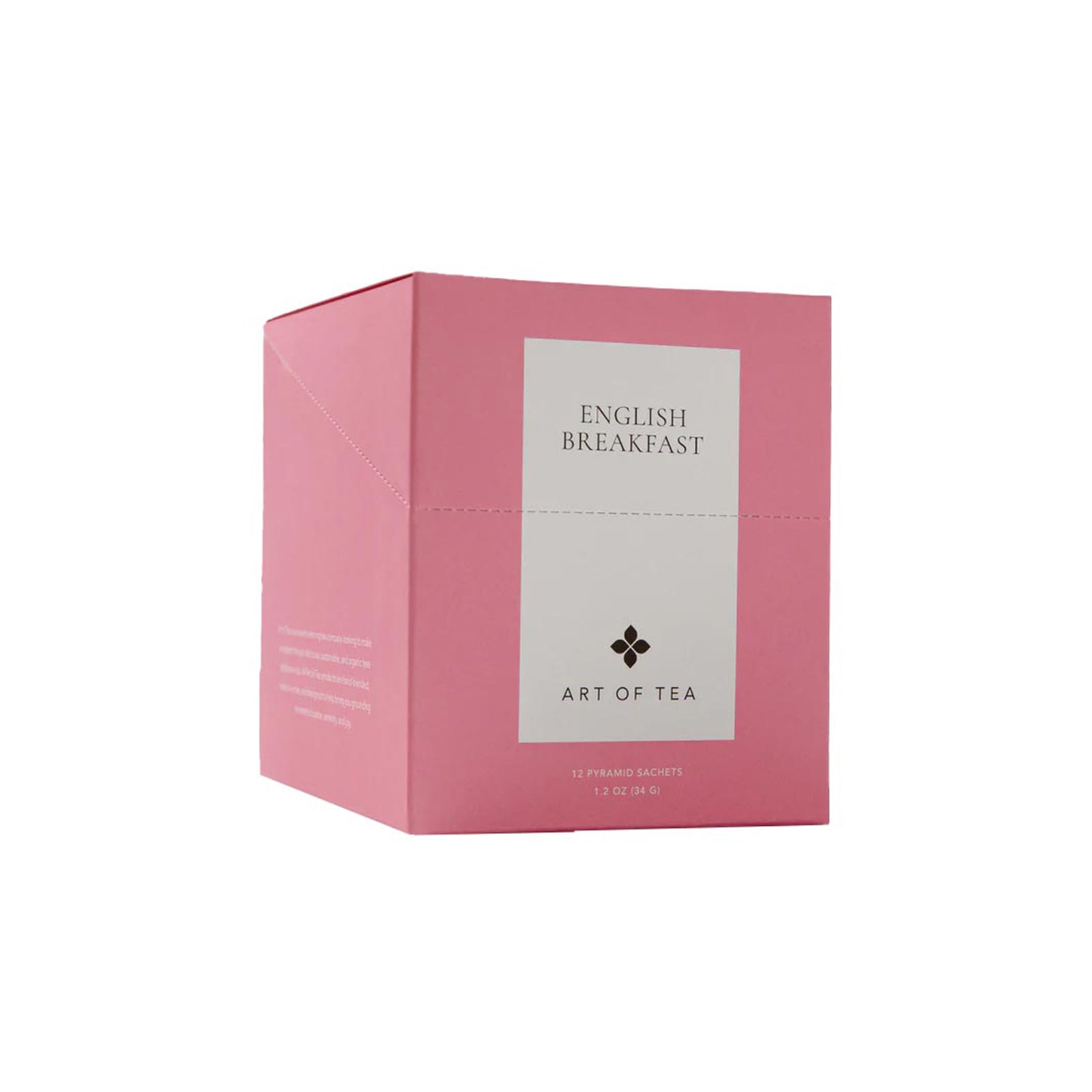 Pink box of English Breakfast tea from Art of Tea on a white background