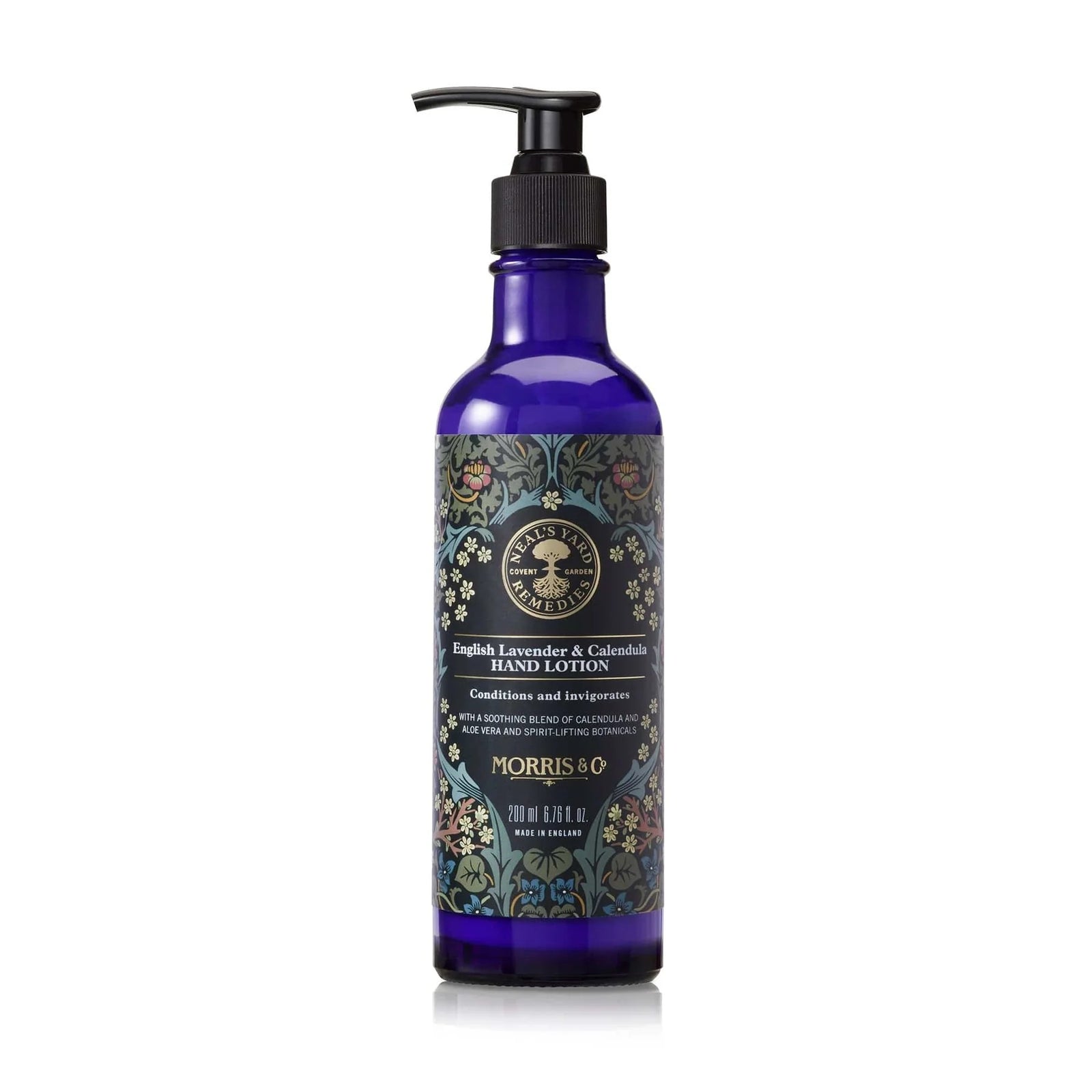 Bottle of English Lavender & Calendula Hand Lotion with floral design on label