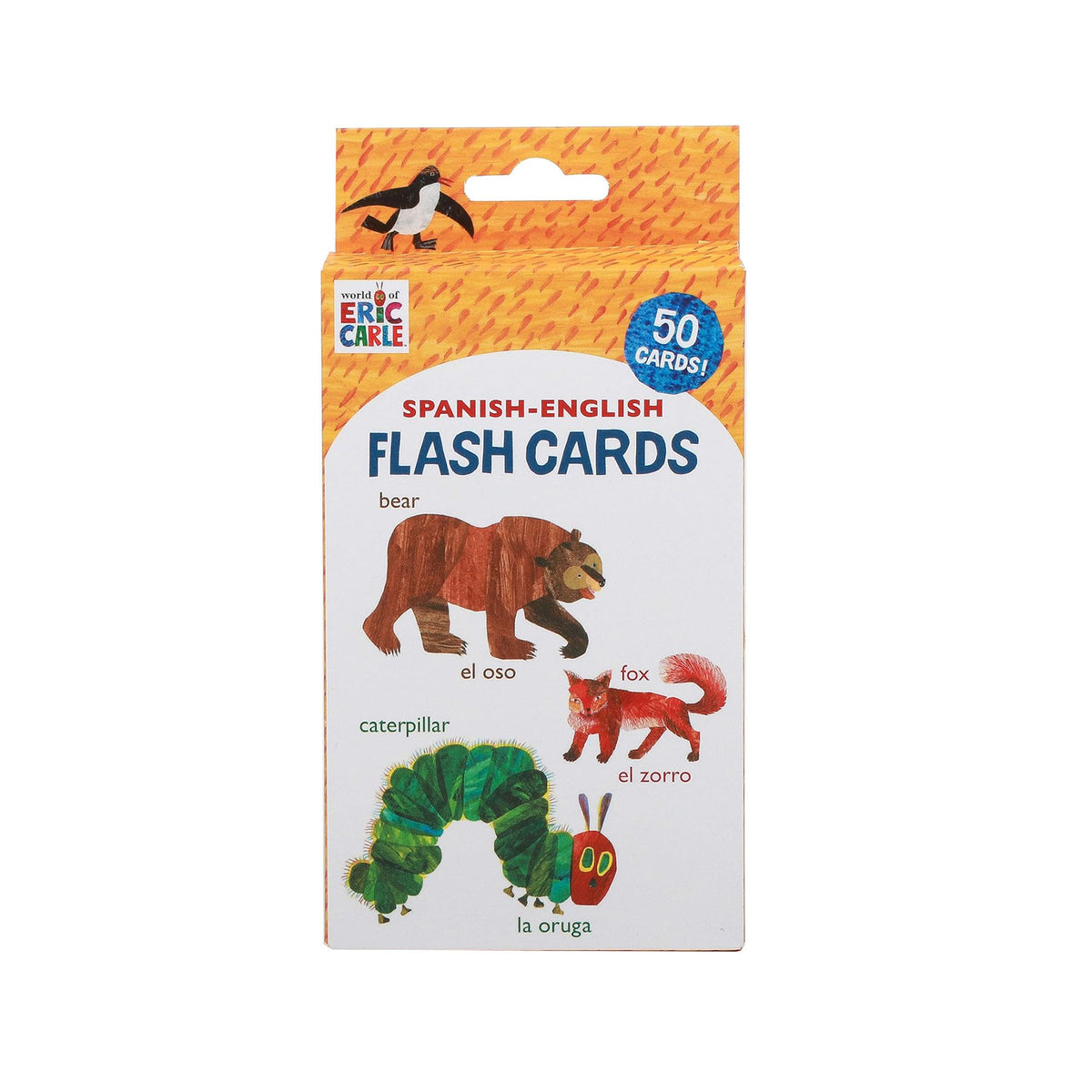 Box of Spanish-English flash cards with illustrations of a bear, fox, and caterpillar by Eric Carle