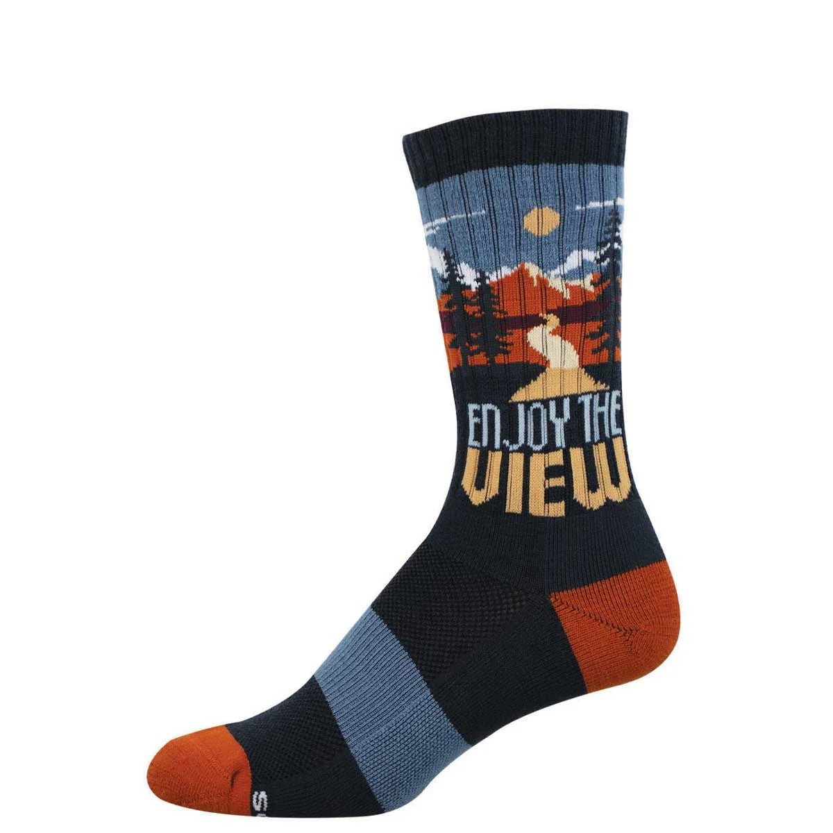 Sock with nature-themed design and 'Enjoy the View' text on a white background