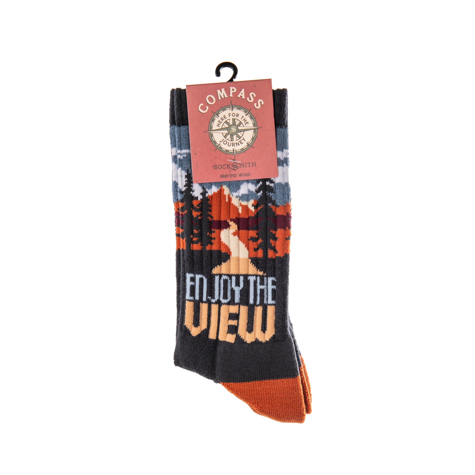 Sock with nature-themed design and 'Enjoy the View' text on a white background