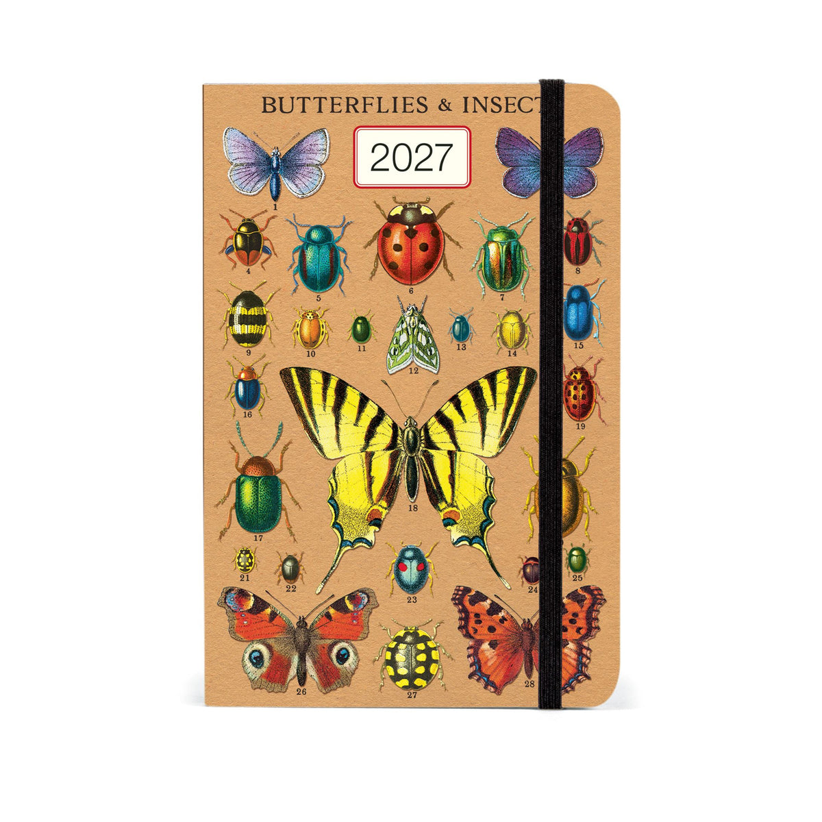 A 2027 butterfly and insect themed notebook with a tan cover, featuring various vintage-style illustrations of butterflies and beetles, a black elastic closure band, and a white label showing the year 2027.