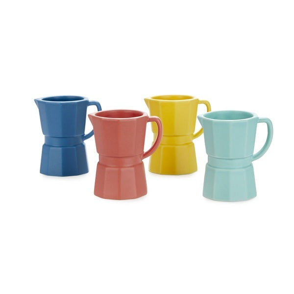 The perfect gift for the coffee lover in your life! This whimsical espresso cup set features four ceramic espresso cups in colorful hues, shaped like a traditional Italian coffee maker. Set of four ceramic espresso cups Microwave and dishwasher safe Cup capacity: 1.1oz Cup size: 3" x 2.4"