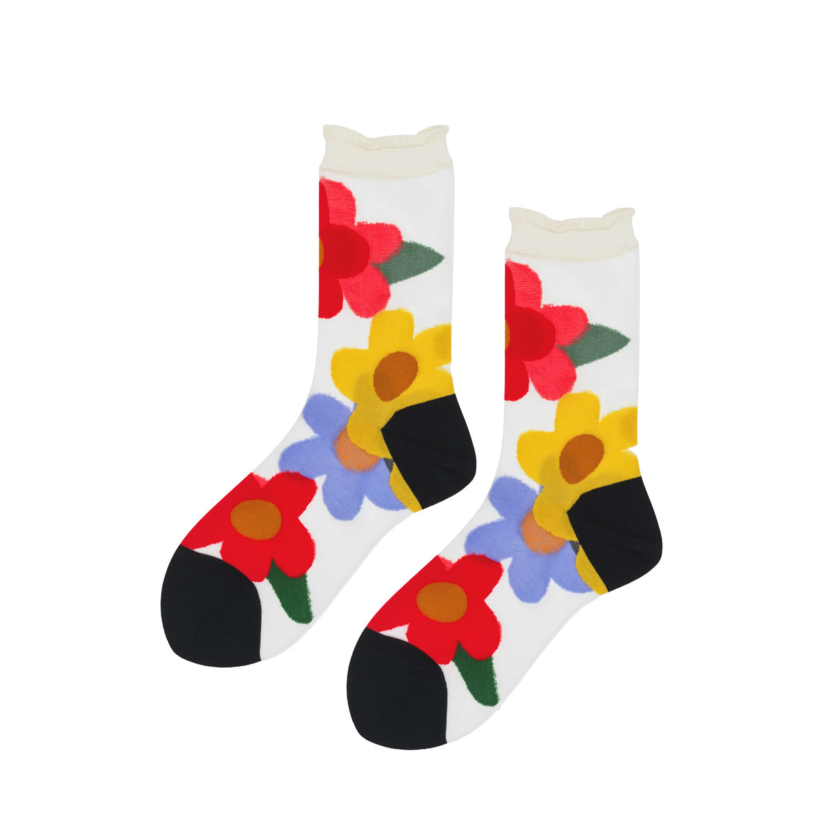 A pair of sheer nylon crew socks with large stylized flowers in red, blue and yellow, with a black top and heel, on a white background. 