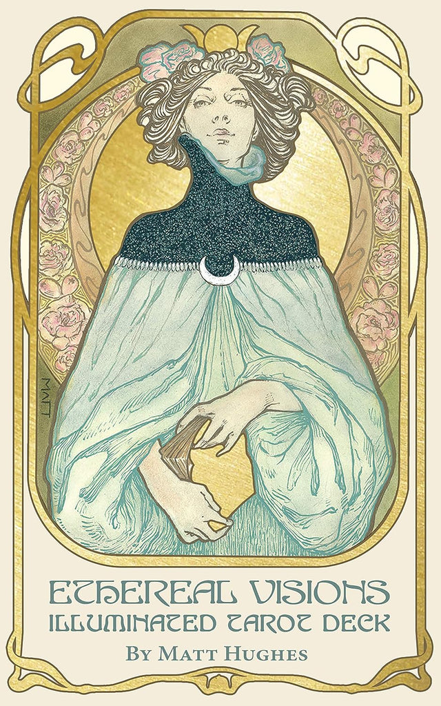In creating Ethereal Visions Tarot, artist Matt Hughes has drawn inspiration from the Art Nouveau movement, adopting its distinctive style and meticulous approach to craftsmanship. Every detailed image in the 80-card deck is hand drawn and colored. Each card is illuminated with gold foil stamping, to elegant effect.