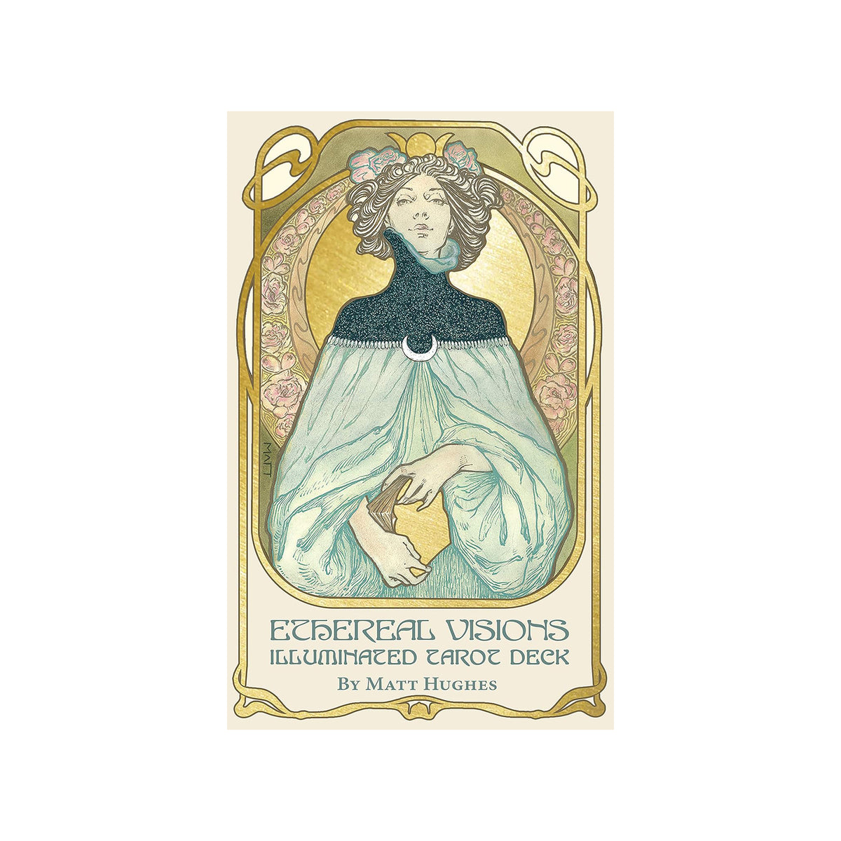 Cover of 'Ethereal Visions Illuminated Tarot Deck' with a stylized illustration of a woman holding a card.