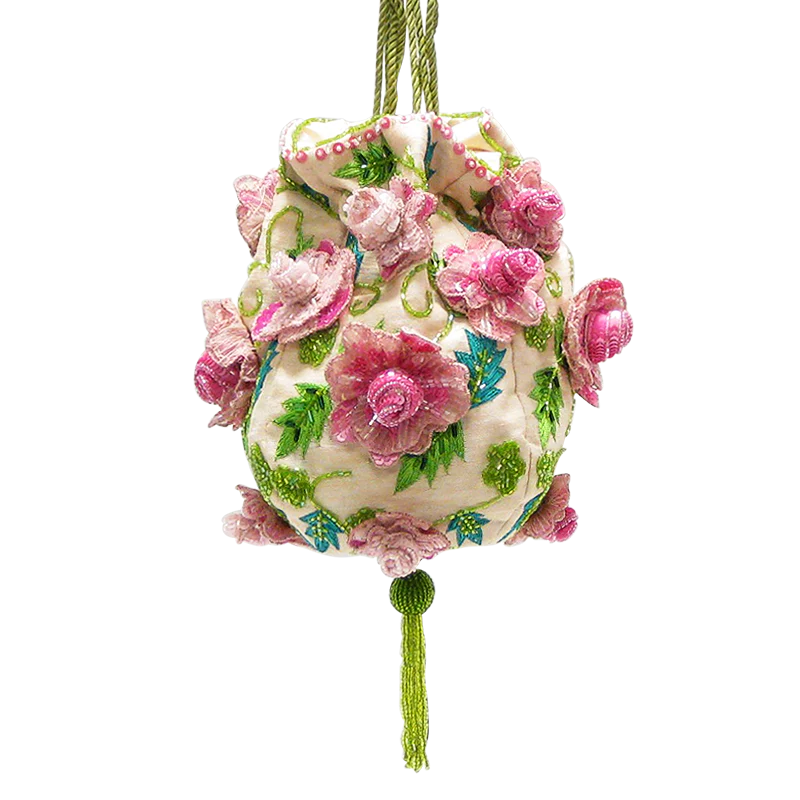 This exquisite and unique shaped purse is made with three-dimensional pink sequined roses which are enhanced by intricate embroidery in shades of contrasting, verdant green. It can be closed with a chartreuse-green drawstring cord and has two rope straps (one for the shoulder and one for the wrist). 7"L x 8"W x 8"H.