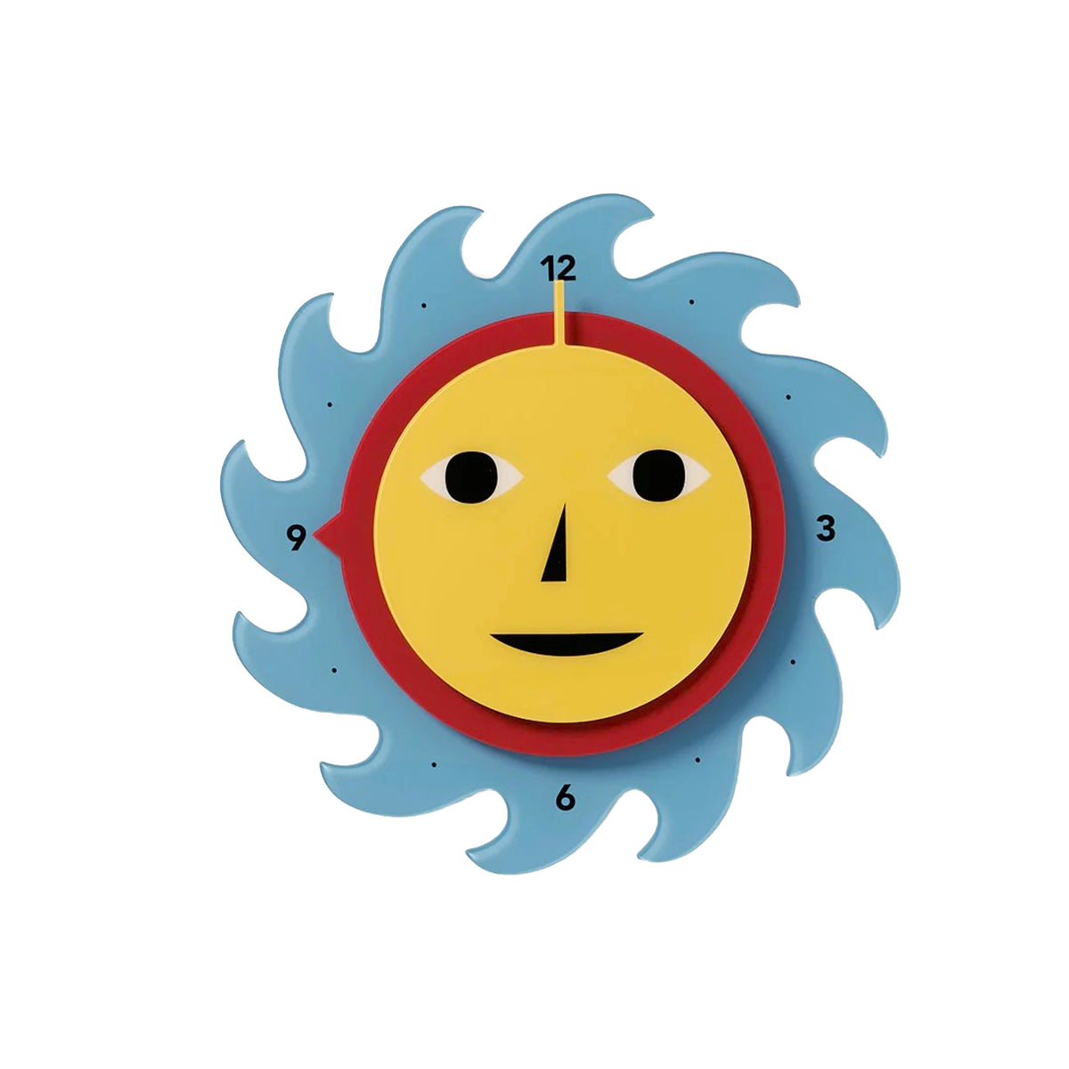 Colorful sun-shaped clock with a face on a white background