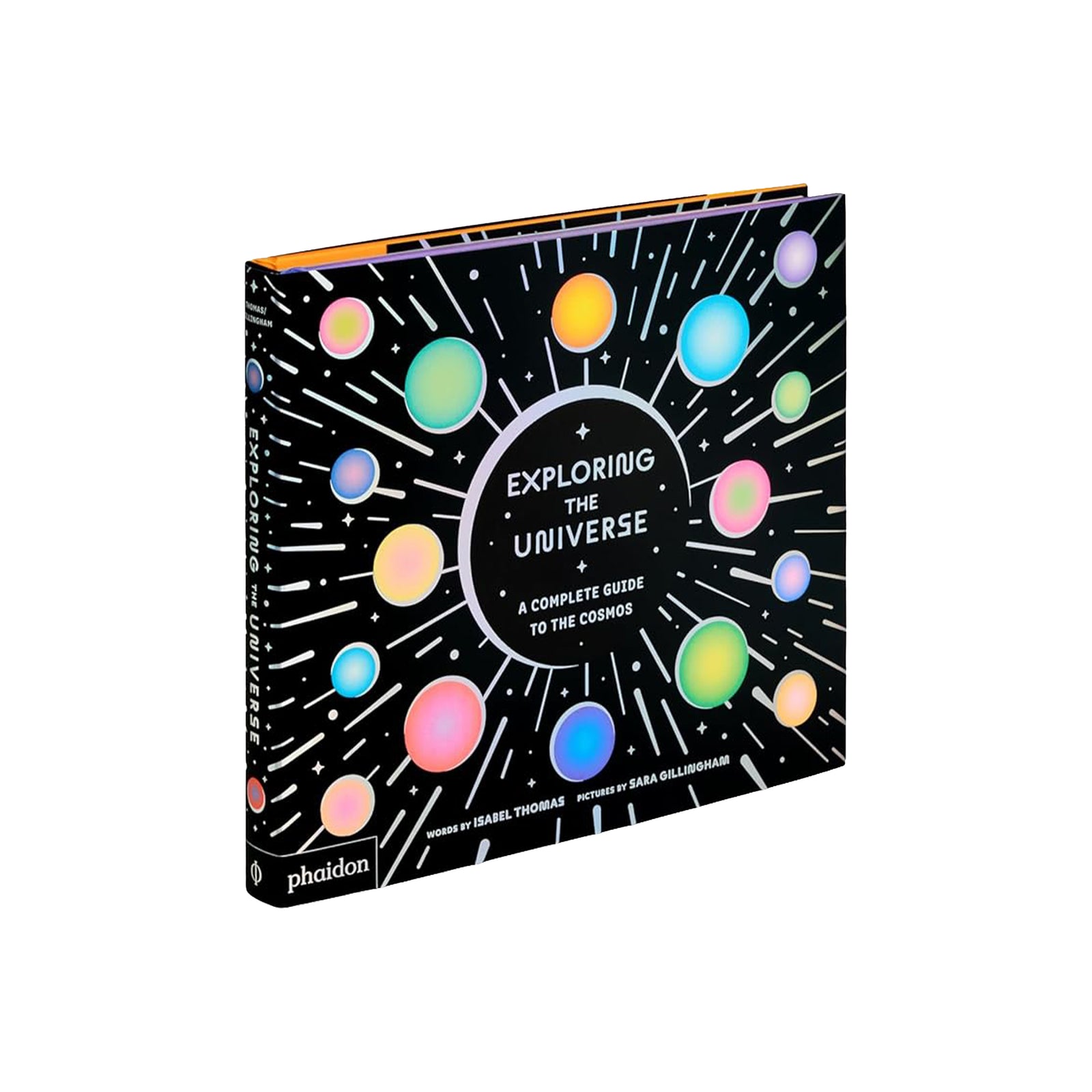 Book titled 'Exploring the Universe' with colorful planet illustrations on a black background