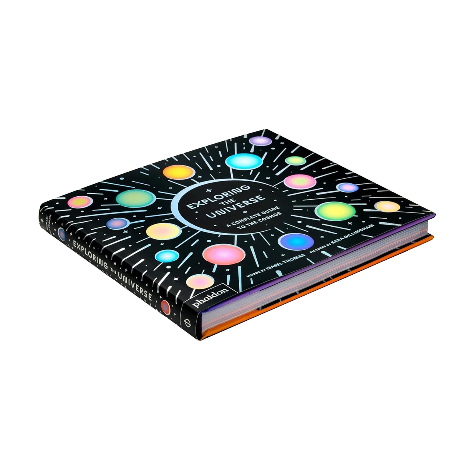 Book titled 'Exploring the Universe' with colorful planet illustrations on a black background