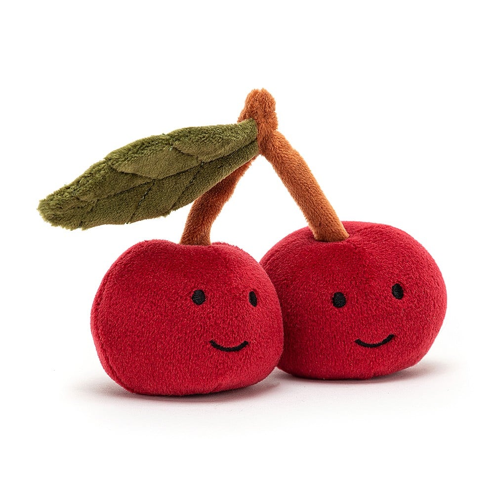 Look who's hiding under the blossom! The bubbly Fabulous Fruit Cherry buddies are stretchy-soft and squidgy in scarlet! These twins share a stalk in cocoa brown and a groovy green leaf with stitchy detail. Fuzzy, friendly and nice as pie! Dimensions: 4" x 4". Suitable from birth. 