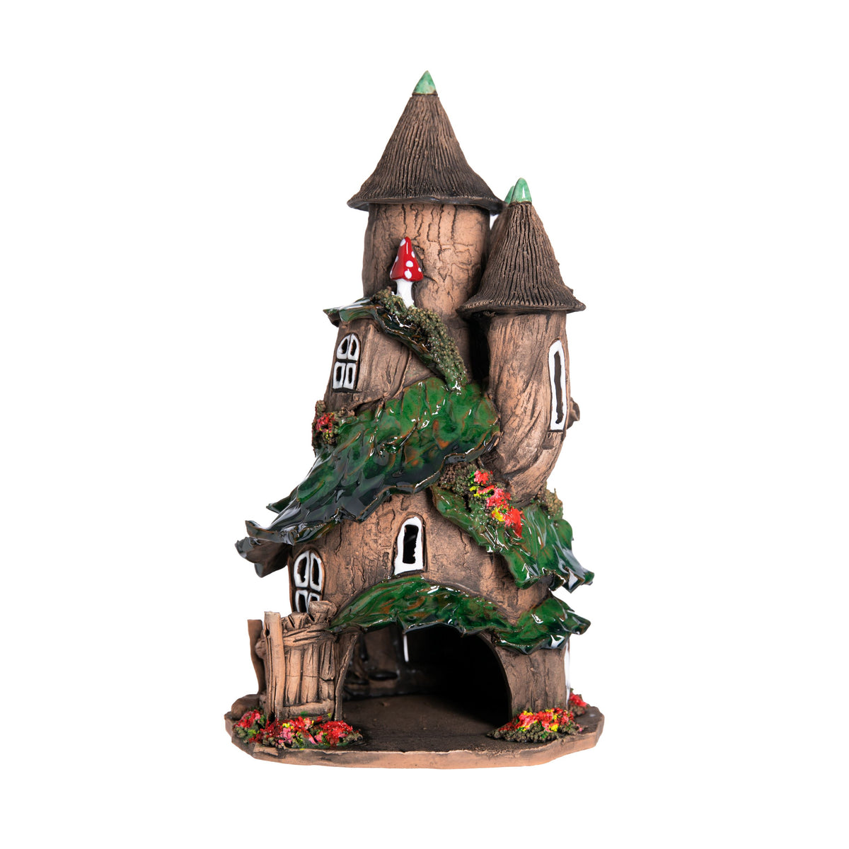 This charming double-turret fairy castle is crafted entirely by hand. Each intricately detailed model is unique. Place a tea-light or cone style incense inside the opening at the back, and the light will glow through the windows, and the smoke will gently swirl out of the chimney. Dimensions approx: 9.5&quot; x 5&quot;.