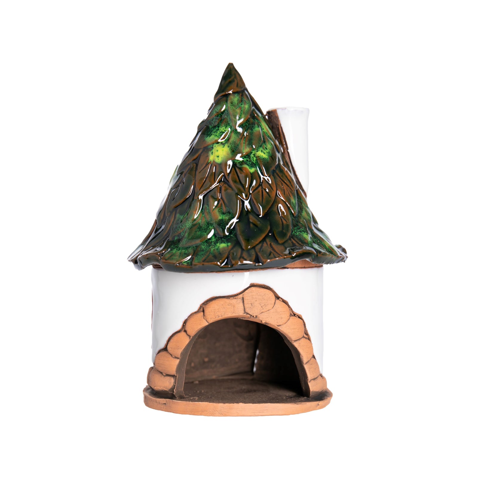 This charming fairy house with whitewashed walls is crafted entirely by hand. Place a tea-light or cone style incense inside the opening at the back, and the light will glow through the windows, and the smoke will gently swirl out of the chimney. Dimensions 5.5" x 3".