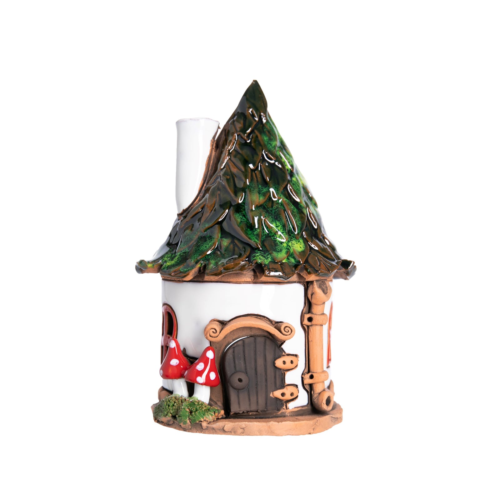 This charming fairy house with whitewashed walls is crafted entirely by hand. Place a tea-light or cone style incense inside the opening at the back, and the light will glow through the windows, and the smoke will gently swirl out of the chimney. Dimensions 5.5" x 3".