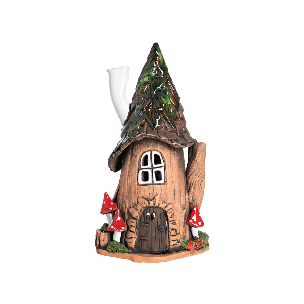 This little fairy house, with scarlet toadstools and white chimney, is crafted by hand in an artisan ceramics studio in Lithuania. Place a tea-light or cone style incense inside and the light will glow through the windows, and the smoke will gently swirl out of the artfully crooked chimney. 6" x 3.5".