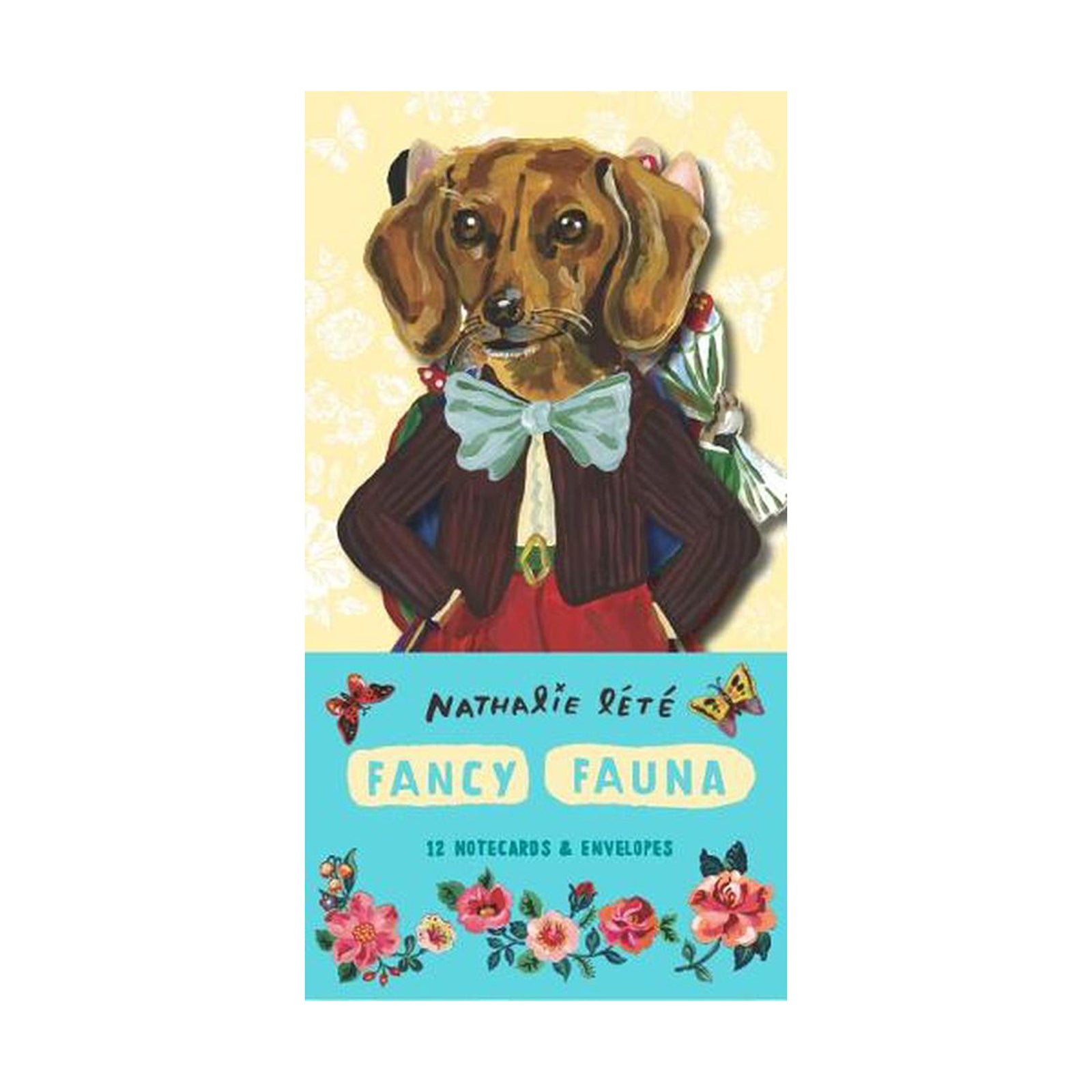 Set of notecards shaped like dogs and cats with illustrations by Nathalie Sete on a yellow and blue background.