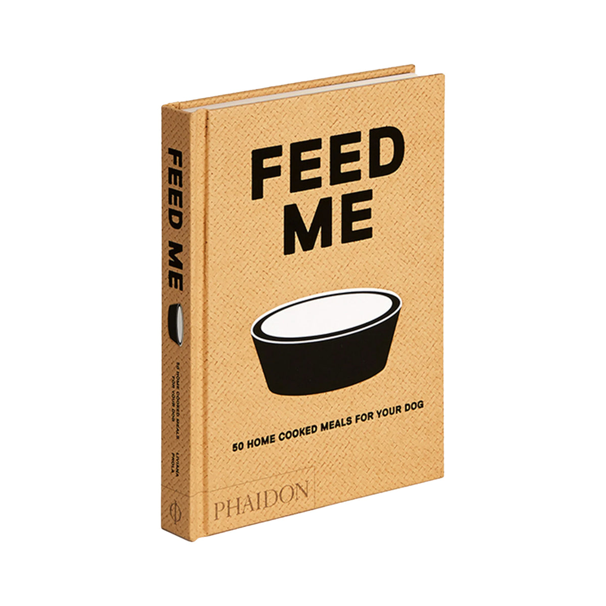 Book titled 'FEED ME' with a dog bowl illustration on a white background