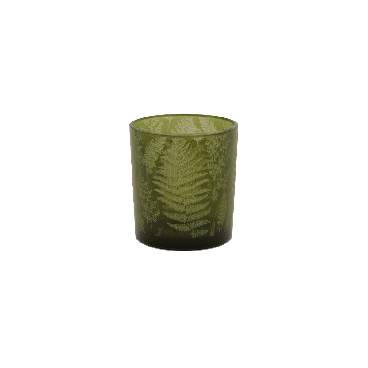 Green glass candle holder votive, decorated with a fern leaf print, on a white background
