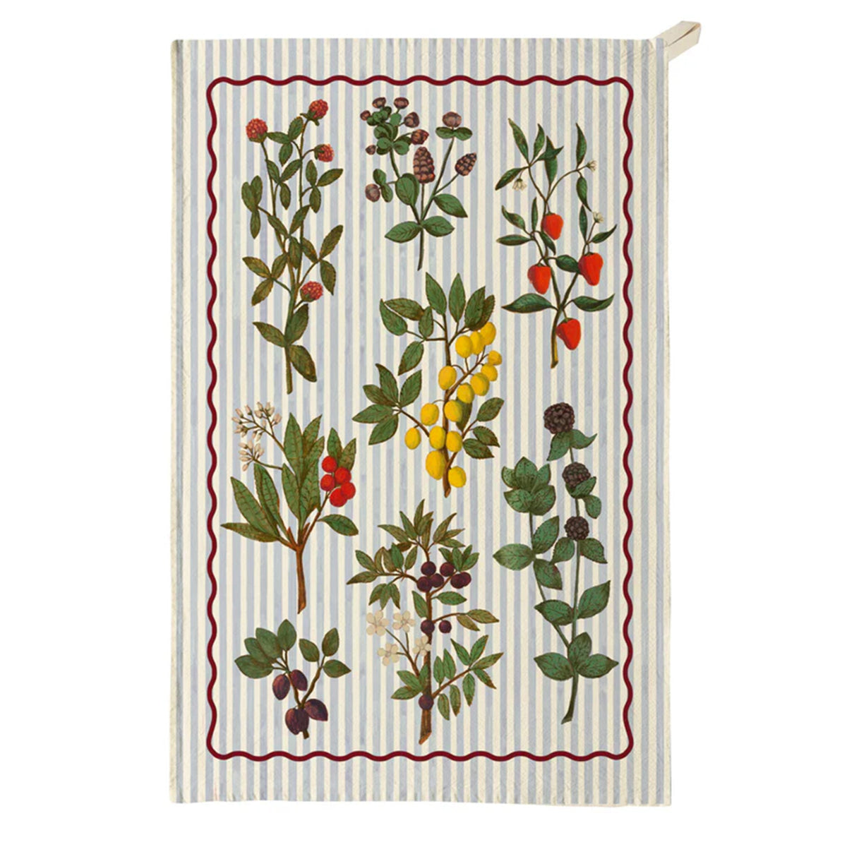 Tea towel with botanical designs on a striped background