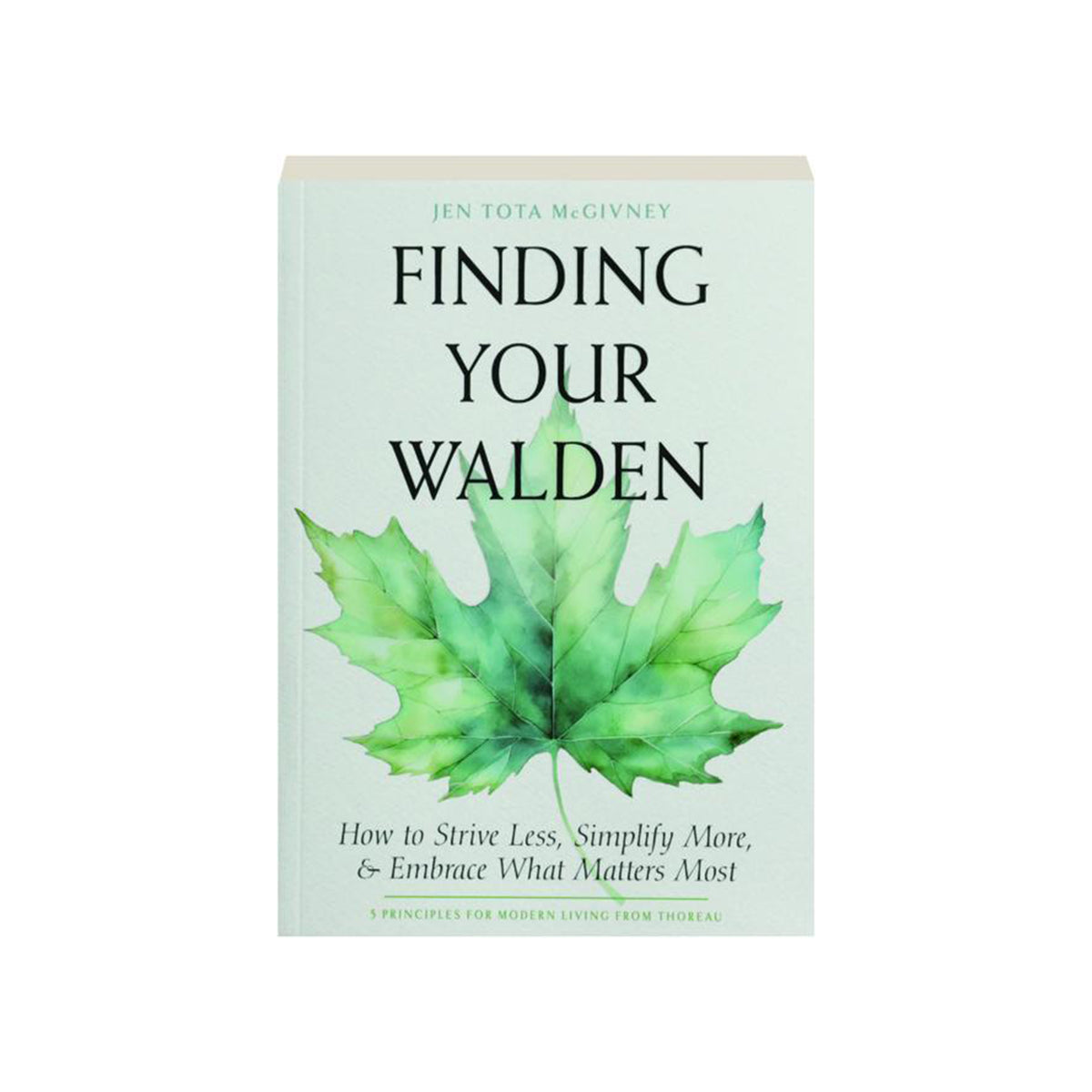The book cover of 'Finding Your Walden' by Jen Tota McGivney, featuring a large green watercolor maple leaf on a pale mint green background.
