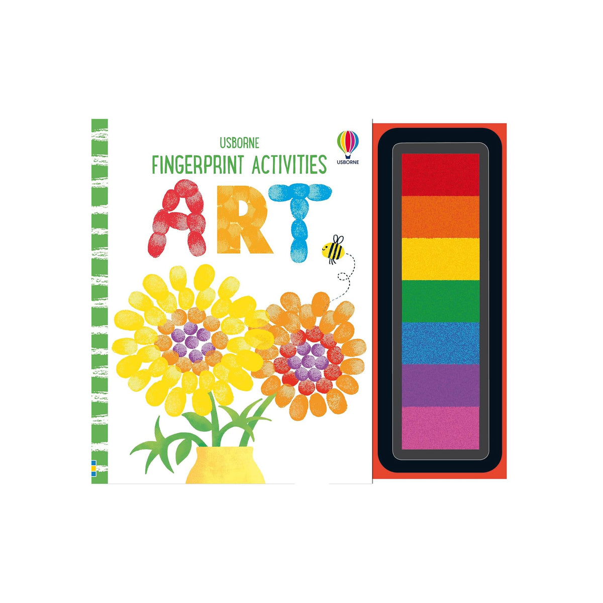 Fingerprint activities book with colorful flowers and a color swatch on a white background
