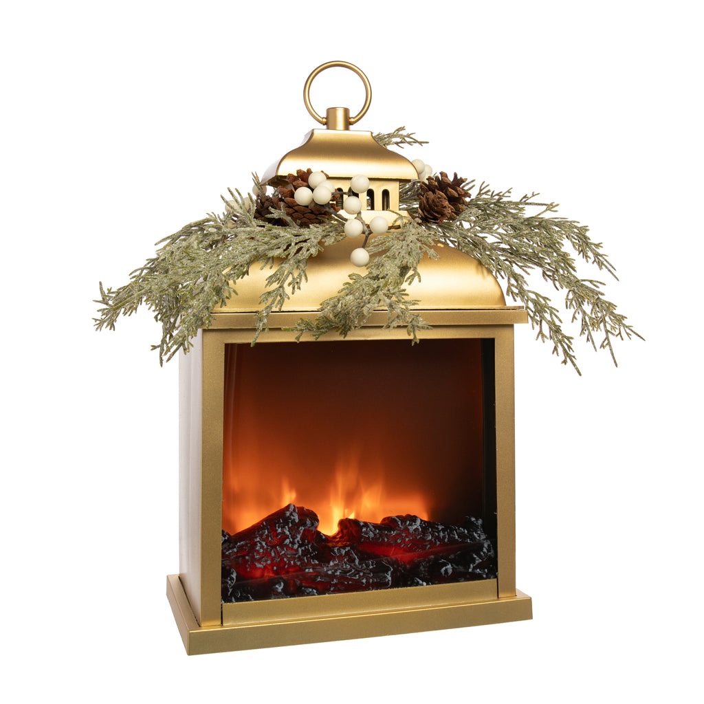 This delightful holiday lantern has LED lights which flicker to give a realistic fireside appearance. The lantern has a soft gold color, topped with a pine wreath. Yule logs inside the lantern complete the festive effect. Dimensions: 17" x 9" x 5.5" Includes a timer switch Requires 3 x size C batteries (not included).