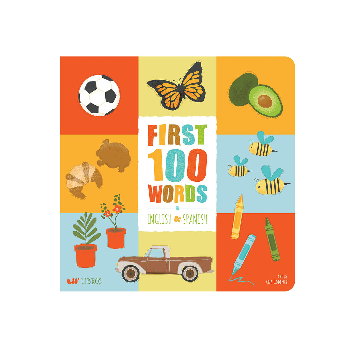 Children's book cover with illustrations and text 'First 100 Words in English & Spanish' on a colorful background.