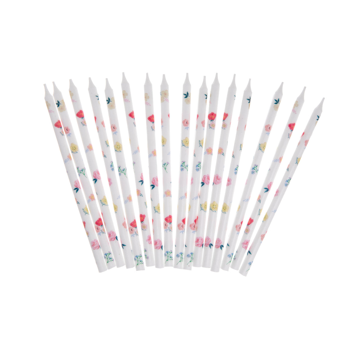 Set of birthday candles with floral designs on a white background