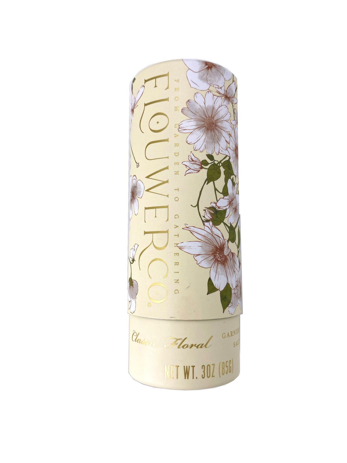 A cylindrical container of Flower Co.'s Classic Floral Garnishing Salt with a floral design on the label.
