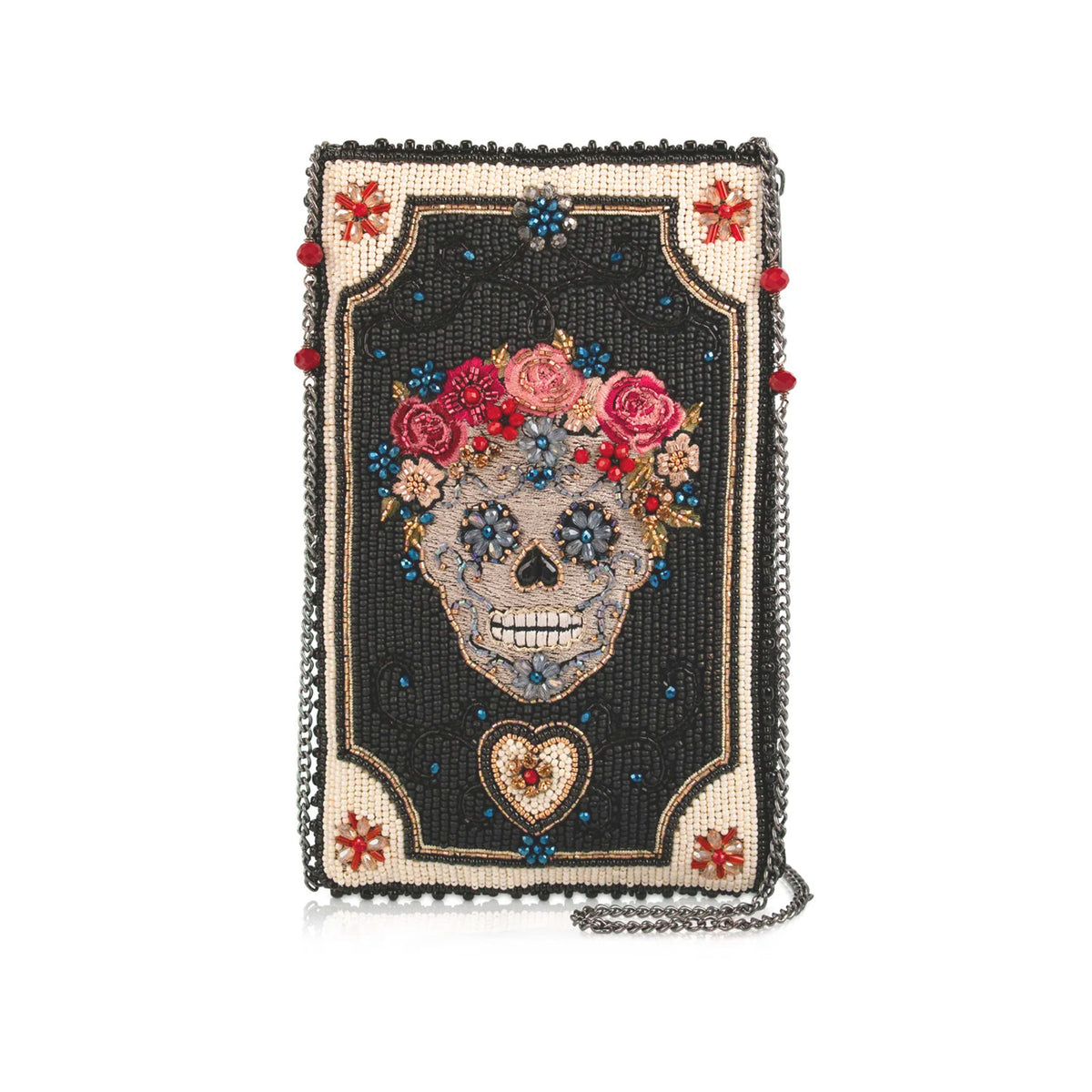 A rectangular beaded clutch bag featuring a Day of the Dead sugar skull design with a floral crown, set against a black background with a silver chain strap.