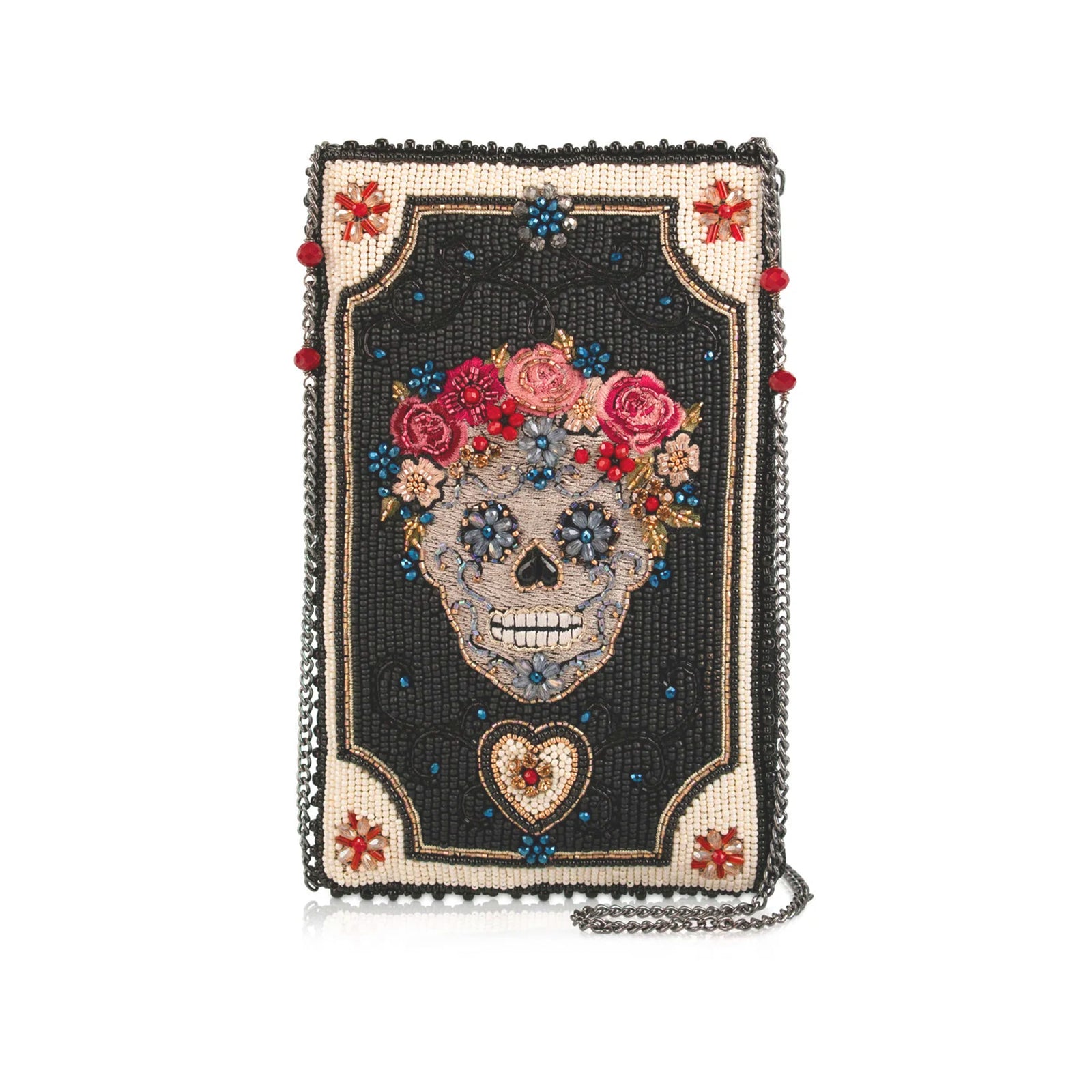 A rectangular beaded clutch bag featuring a Day of the Dead sugar skull design with a floral crown, set against a black background with a silver chain strap.