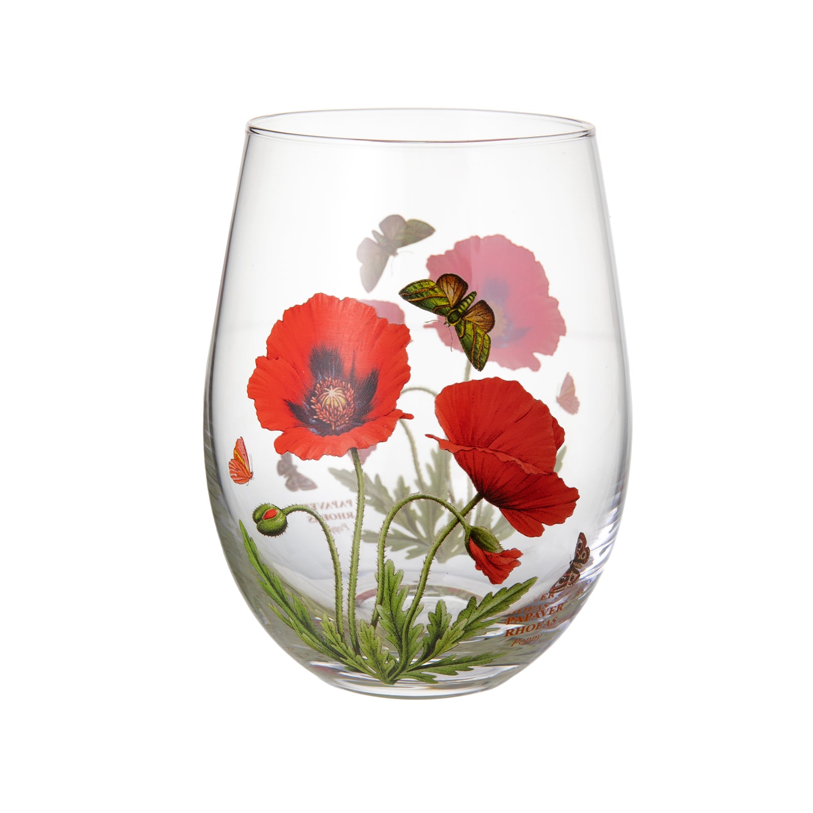 These Botanic Garden Stemless Wine Glasses come as a set of four with each glass featuring a different flower: sunflower, poppy, sweet pea and hydrangea. They are designed to feel comfortable to hold. Made from high quality glass with a chip resistant glaze. Dimensions: 2.5" diameter x 9.5"H for each Capacity: 19 oz.