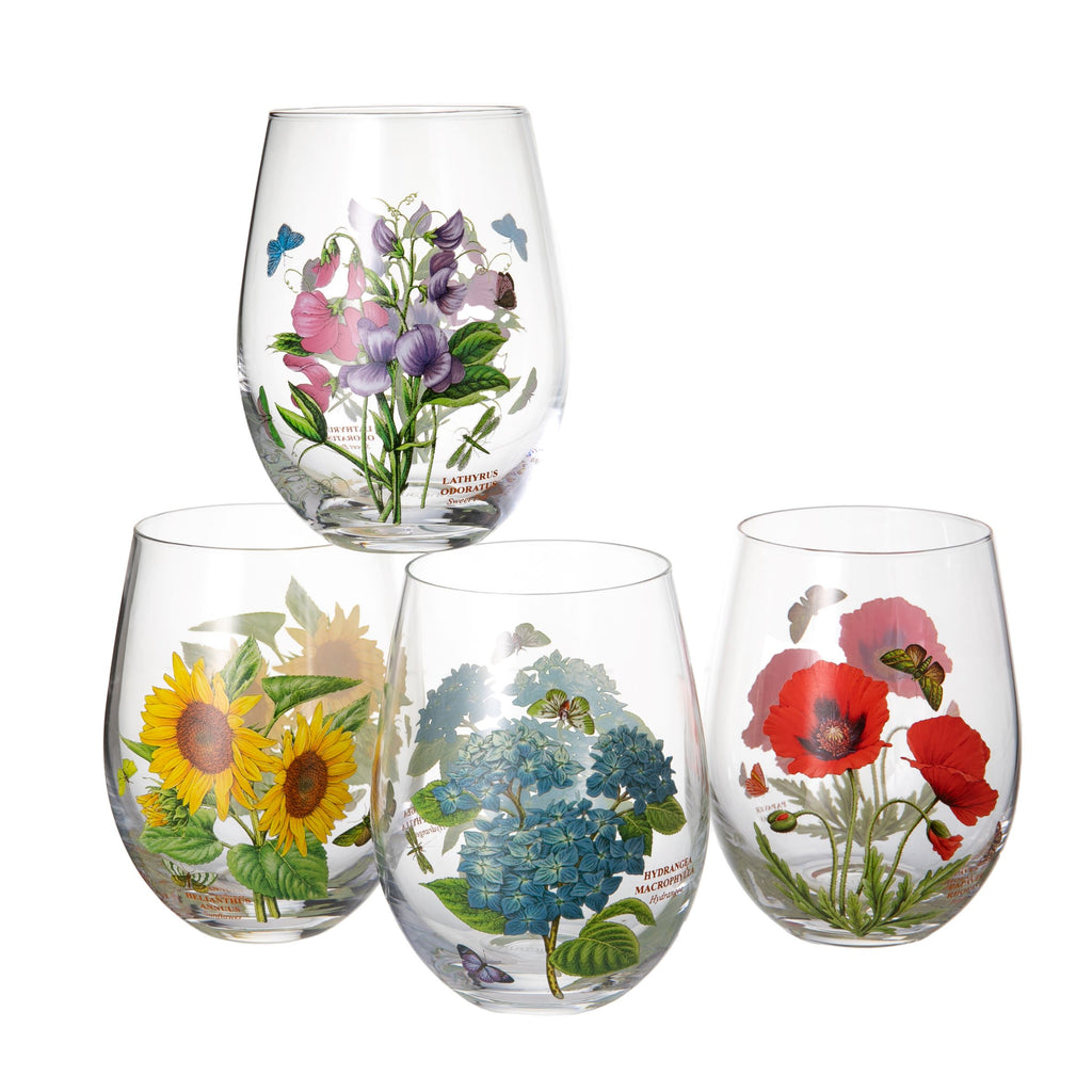 These Botanic Garden Stemless Wine Glasses come as a set of four with each glass featuring a different flower: sunflower, poppy, sweet pea and hydrangea. They are designed to feel comfortable to hold. Made from high quality glass with a chip resistant glaze. Dimensions: 2.5" diameter x 9.5"H for each Capacity: 19 oz.