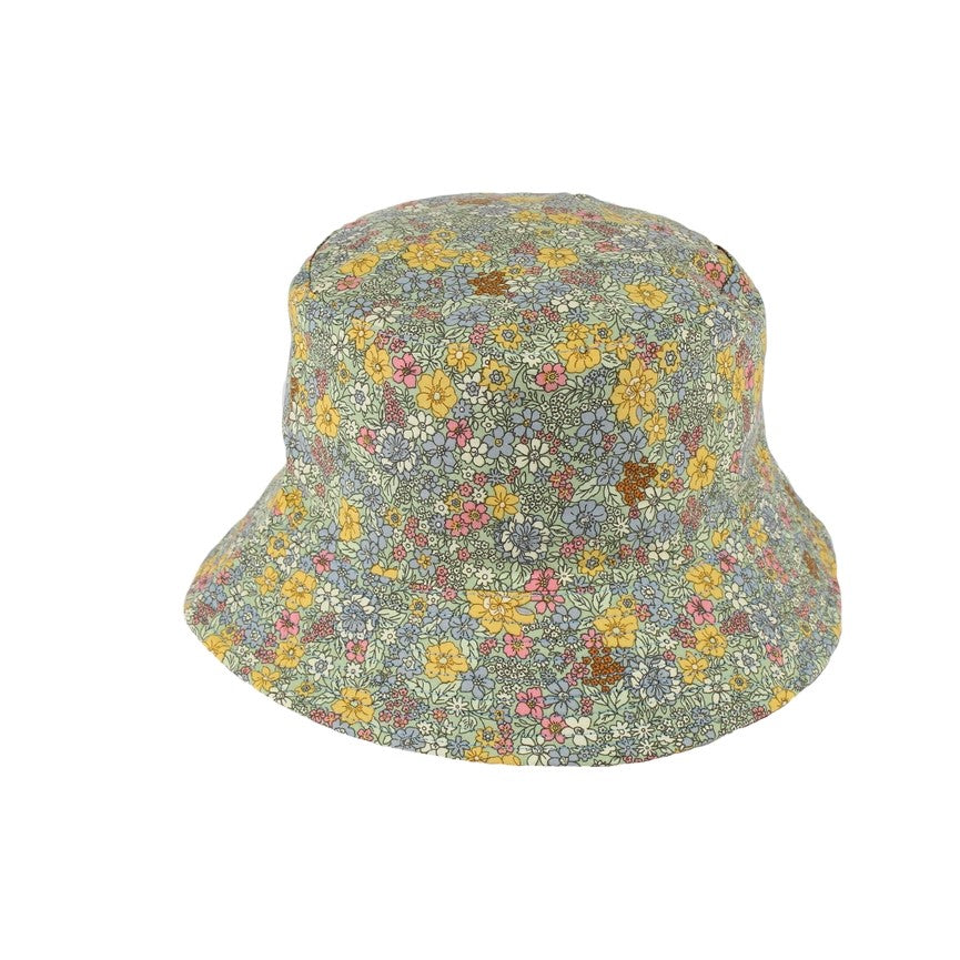 Add a burst of spring to your wardrobe with this pretty, packable bucket hat. This is the perfect hat to throw into your purse to keep the sun's rays at bay on a hike, beach trip, or flea market shopping trip. Material: 80% cotton, 20% linen Reversible (floral print / solid black). One Size: hat circumference: 24".