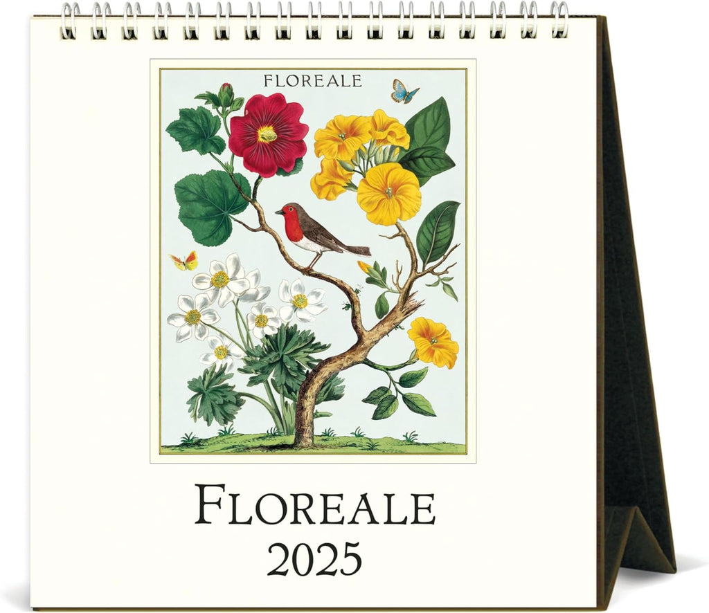 Enjoy the beauty of vintage botanical illustrations at your desk with this delightful 2025 'Floreale' calendar. This 2025 calendar features a different, vintage botanical image for every month.  Desktop size measures 6" x 6.5". Easel style sits upright Printed on soft white Italian laid paper in vivid color inks.