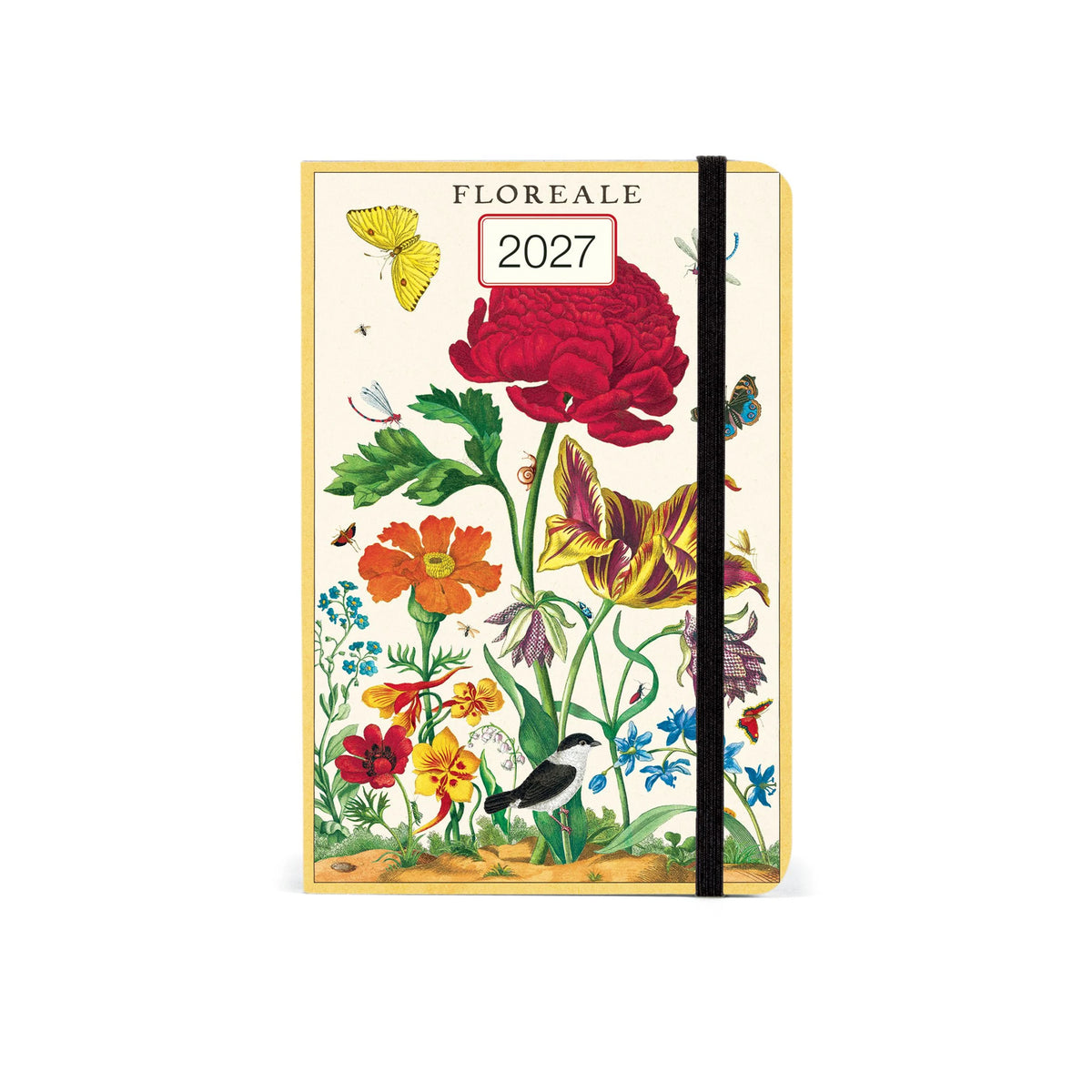 A vertical hardcover planner or notebook with a botanical illustration cover, featuring the title 'FLOREALE', the year '2027', and a black elastic closure band, shown on a plain white background.