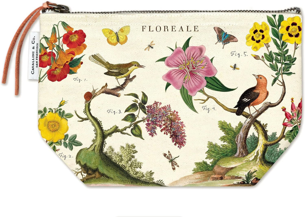 Pretty and practical, this zippered pouch is printed on both sides with a vintage botanical print of birds and flowers on a natural cotton canvas base. It is fully lined with soft black cotton and has a real leather pull tassel on the zipper. 100% cotton canvas. Dimensions: 6" x 8. 75". Hand Wash Only.