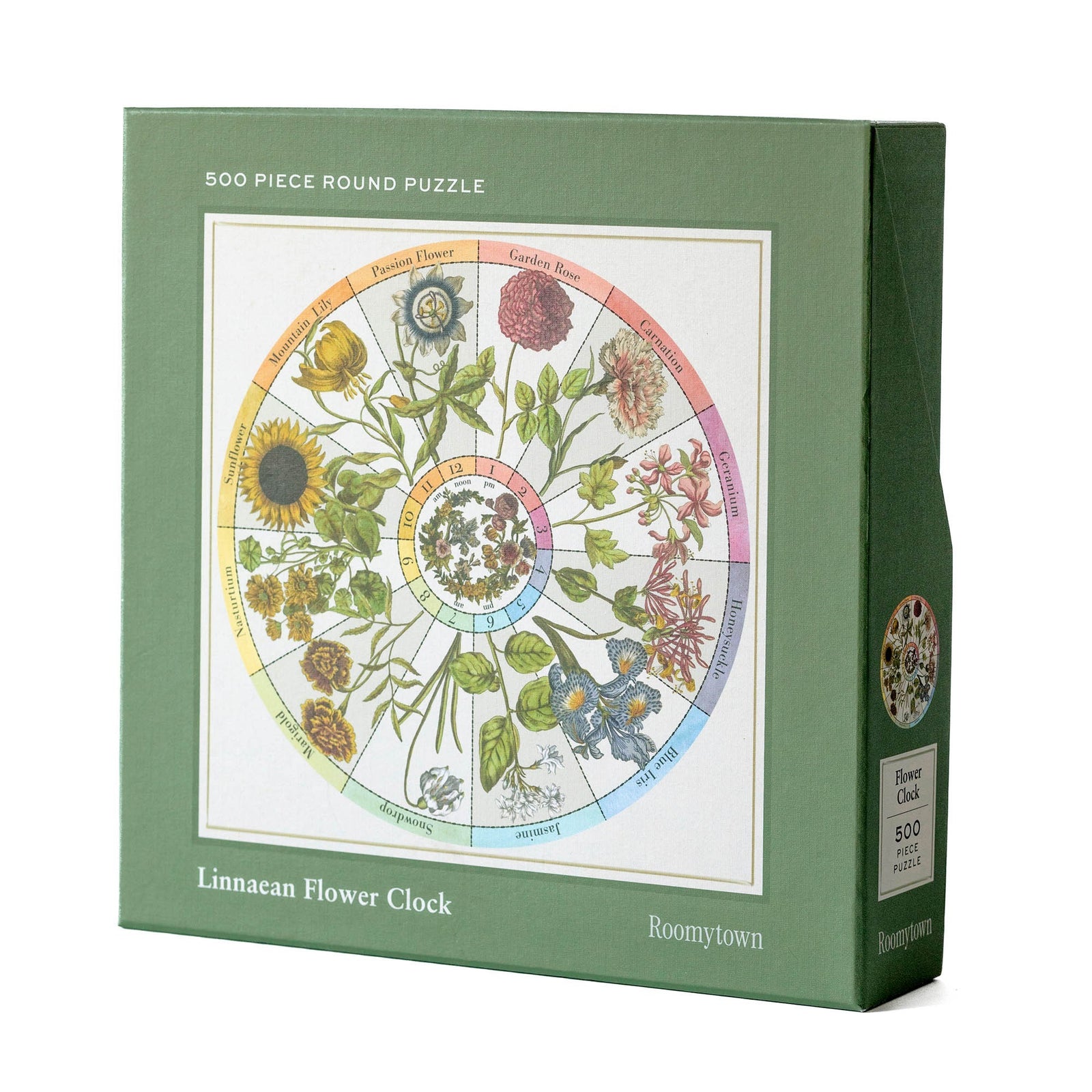 Puzzle box with Linnaean Flower Clock design on a white background