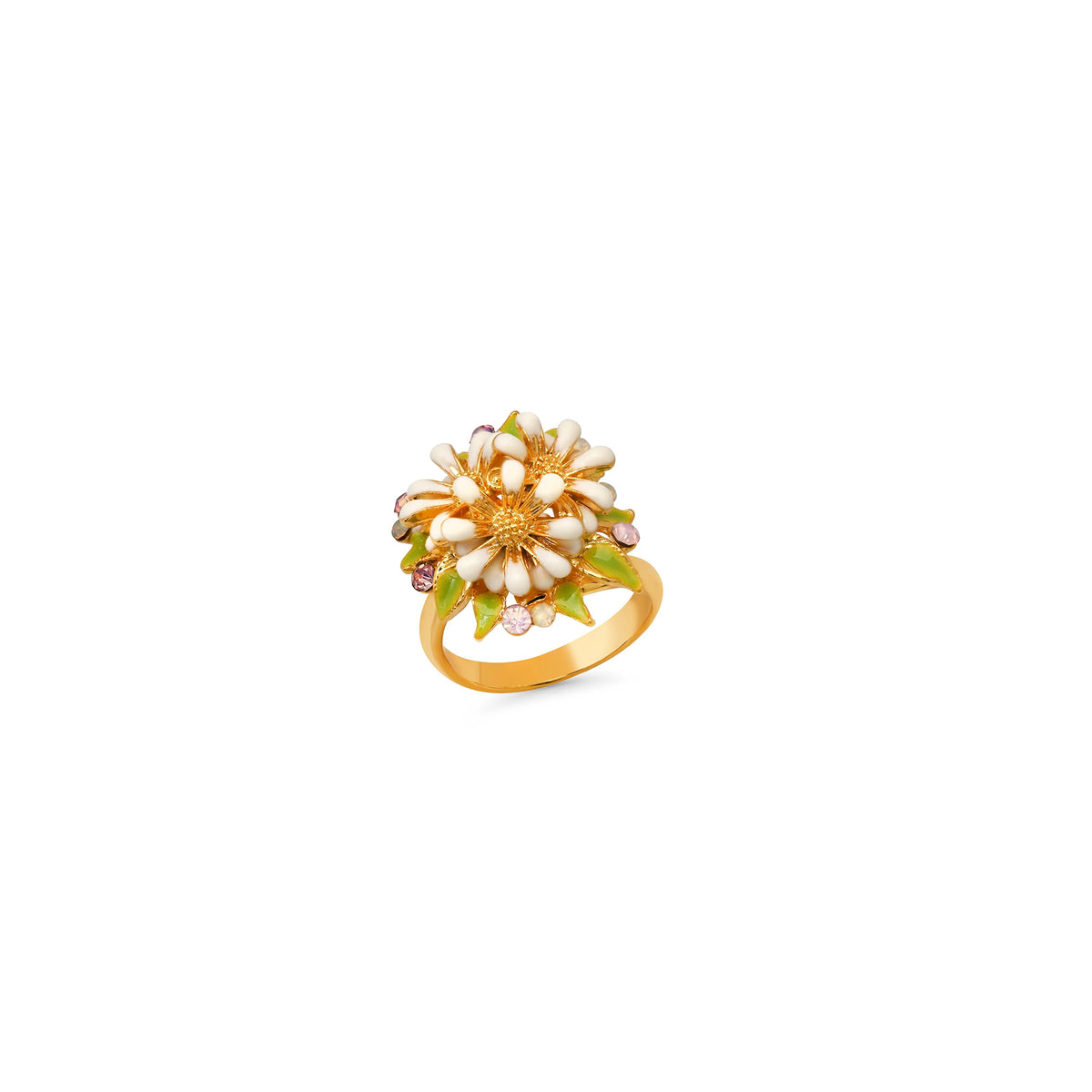 Gold ring with floral design on a white background