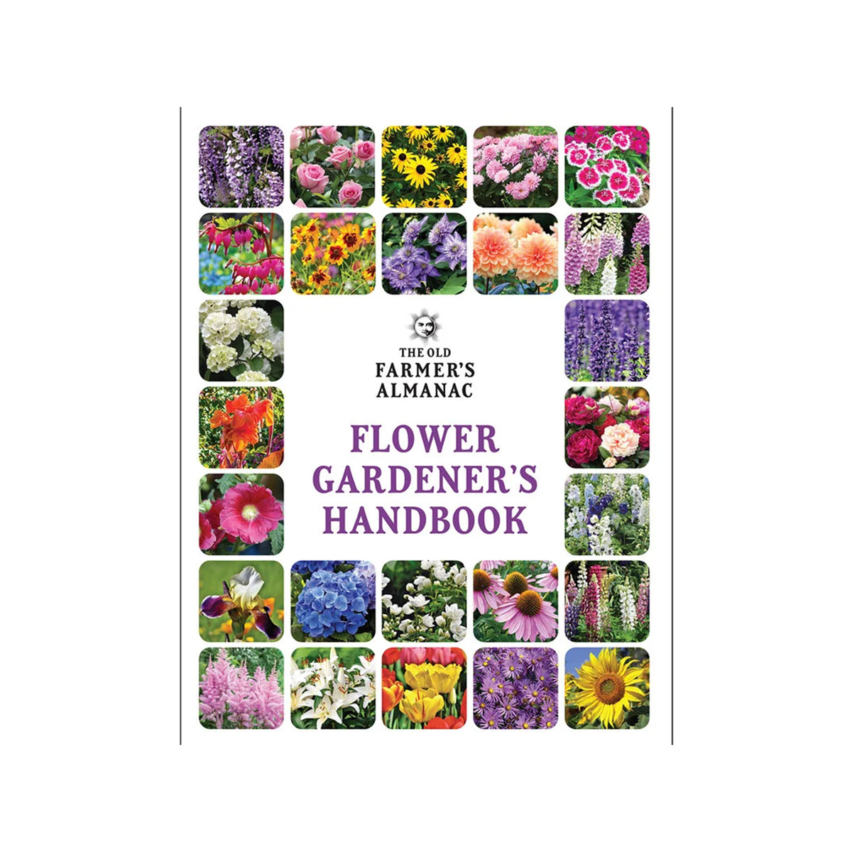 The Old Farmer's Almanac Flower Gardener's Handbook book cover shown upright on a white background, with a grid of colorful flower photos around the border and purple title text in the center.