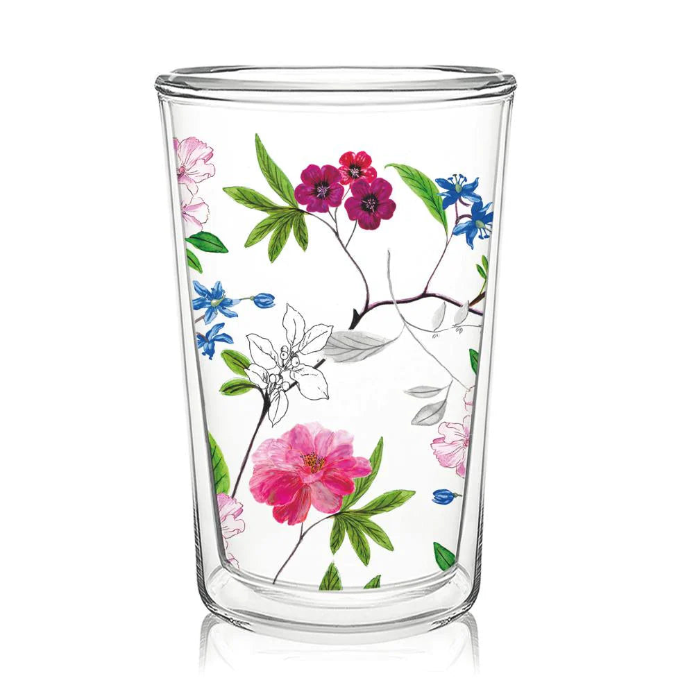 Elevate your cup of joe with this stylish and pretty flower-power latte glass. It is made of double walled, heat and ice tolerant borosilicate glass, so whether you like your latte or macchiato's piping hot or icy cold, your hands will neither burn nor freeze as you sip! 15oz.  Dishwasher safe. Do not microwave.