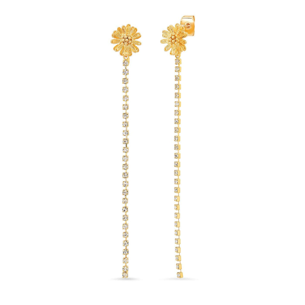 Make your presence known with these dazzling flower studs! Featuring a center gold plated flower stud with a cascade of tiny crystals, these pretty earrings are both effortlessly elegant and stunningly striking. Gold-Plated Brass with crystal accents. Dimensions: 0.25" W x 3" L.