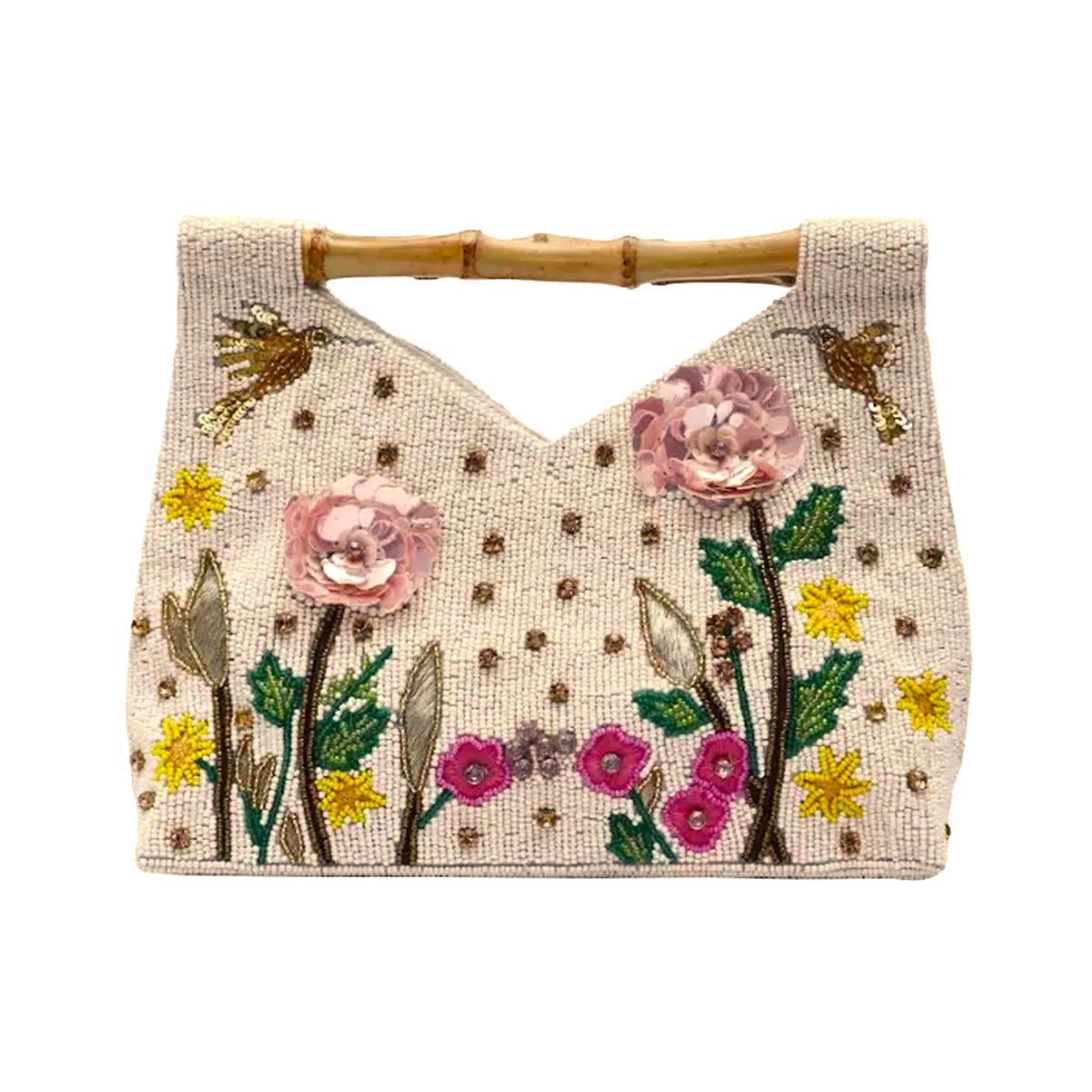 Beaded handbag with floral embroidery and bamboo handle on a white background