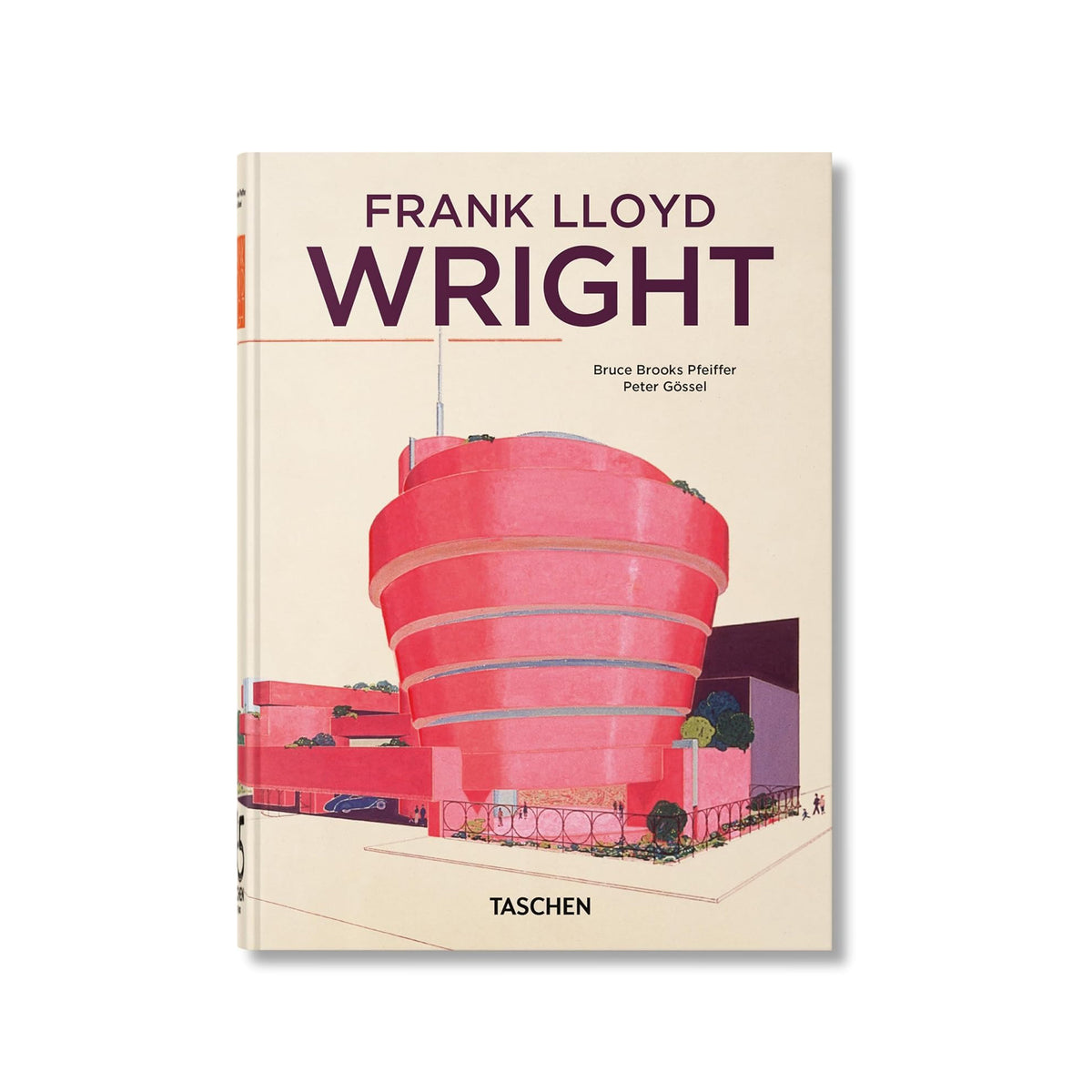 Book cover of 'Frank Lloyd Wright' by Taschen with a red architectural structure on a beige background.