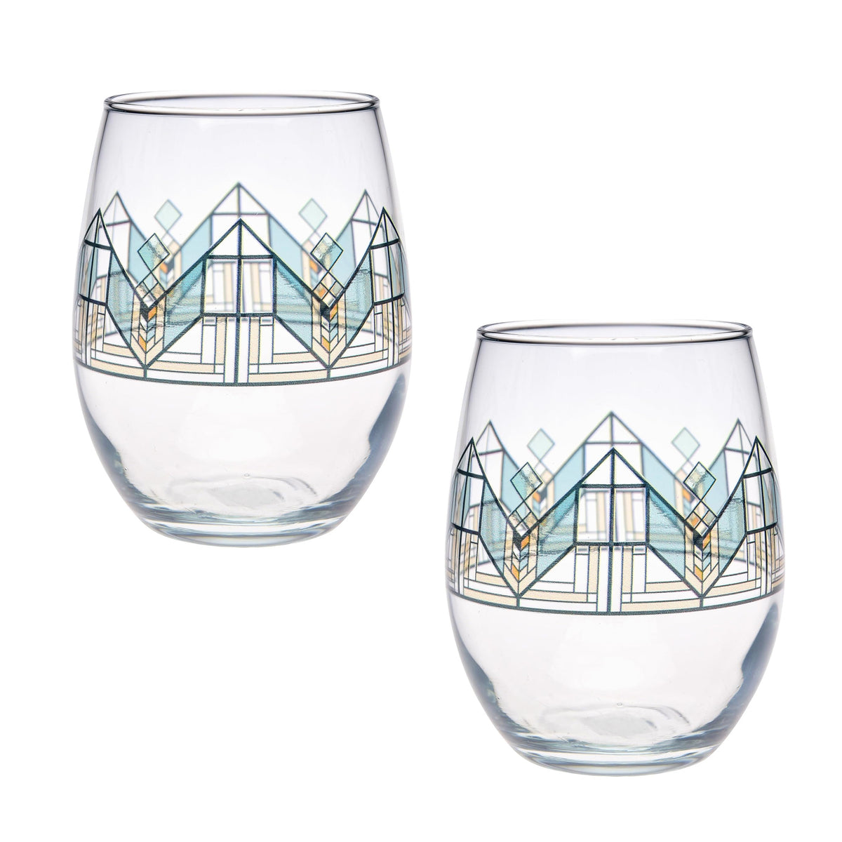 Two clear stemless wine glasses with mountain design on a white background