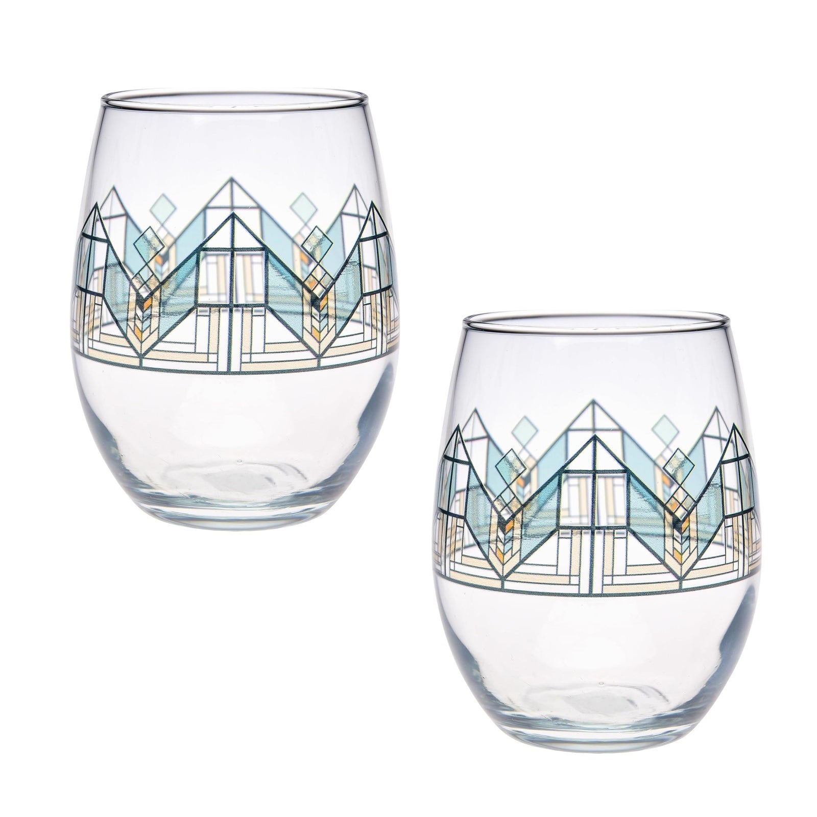 Two clear stemless wine glasses with mountain design on a white background