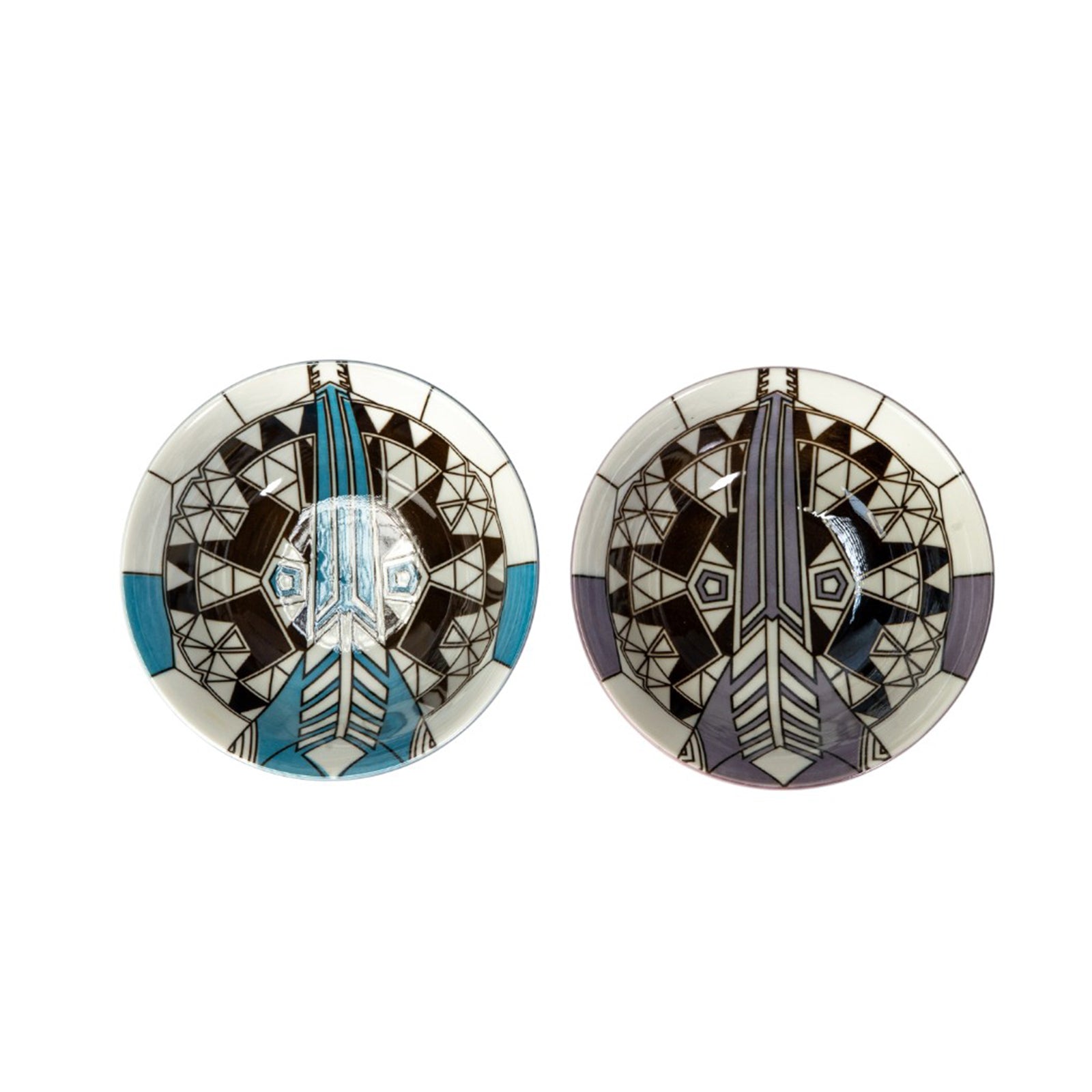 Pair of ceramic bowls with geometric Frank Lloyd Wright designs on a white background