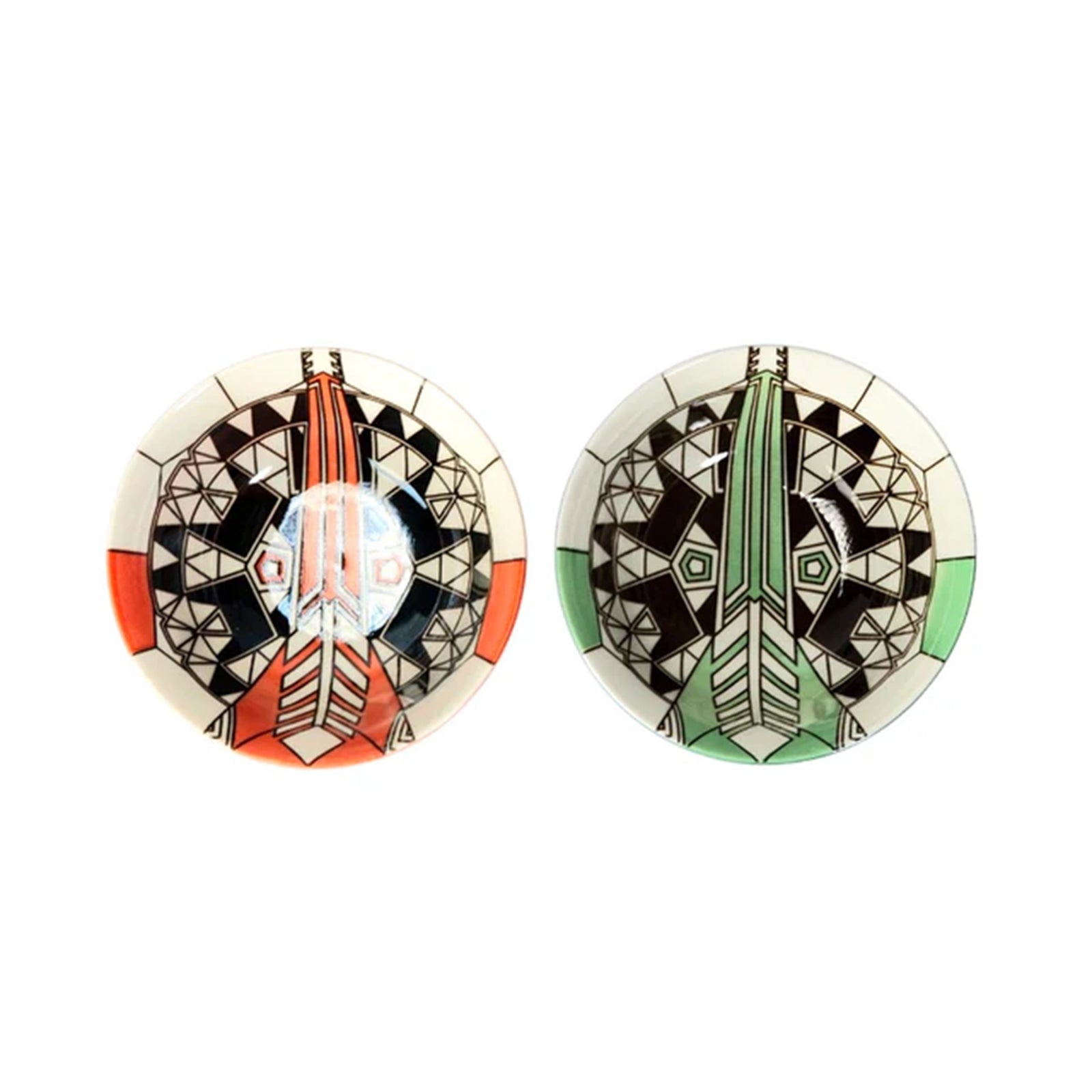 Pair of ceramic bowls with geometric Frank Lloyd Wright designs on a white background
